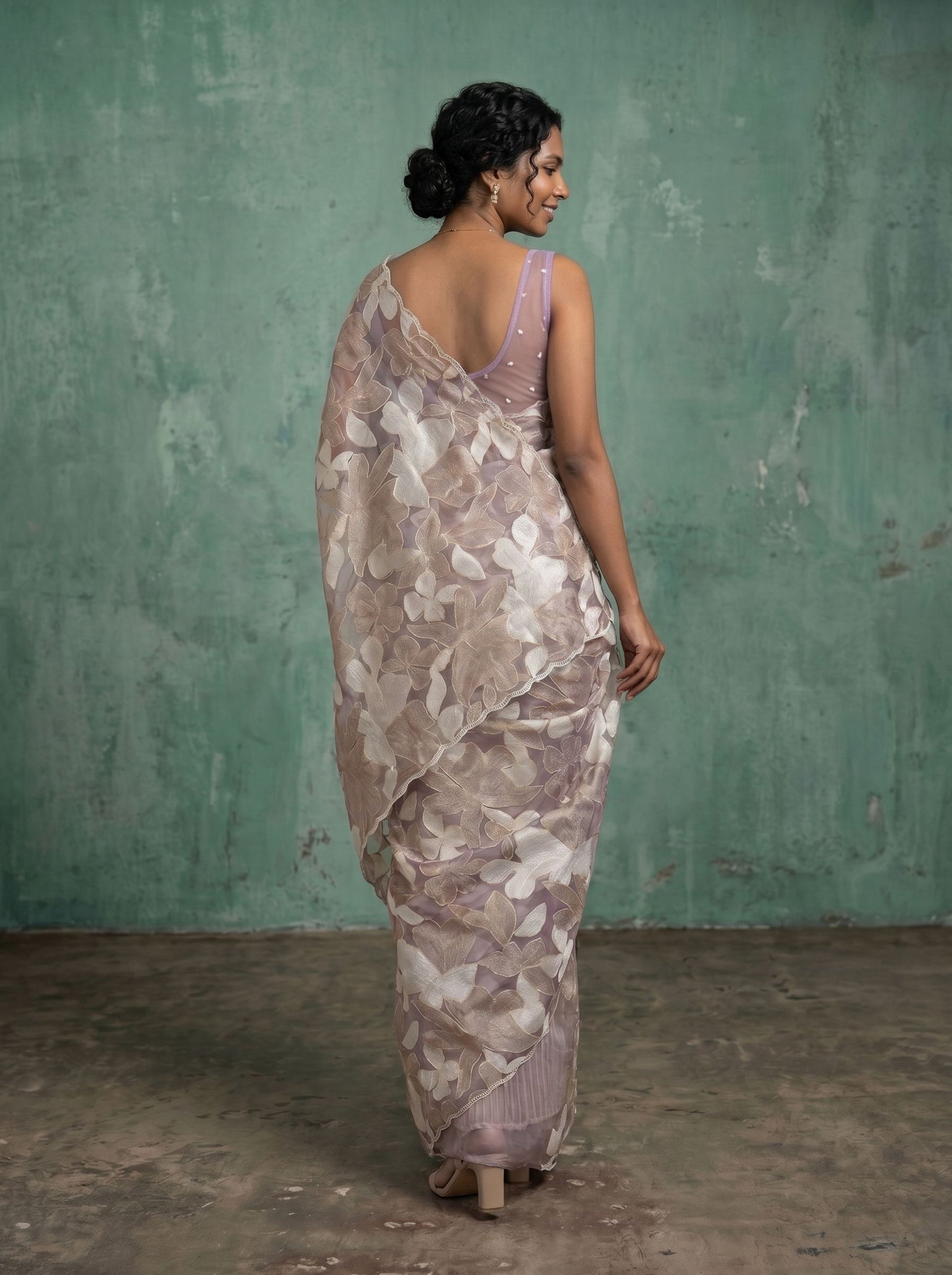 Organza Silk Dusty Mauve Taupe All-Over Floral & Leaf Cut-Work Appliqué Saree with Scalloped Lace Border