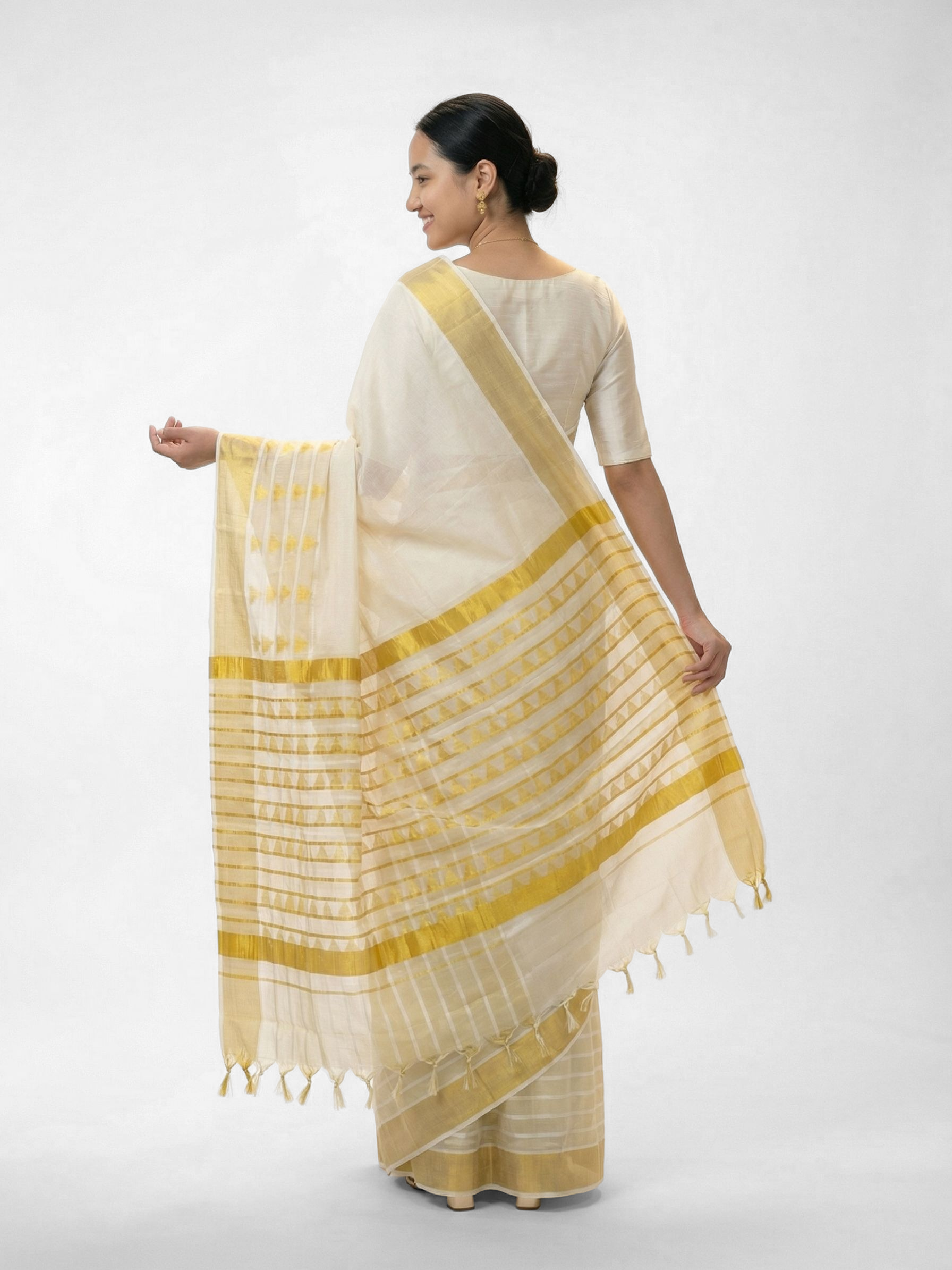 Cotton Cream Saree with Yellow Striped Border, Checkered Pallu and Tassels