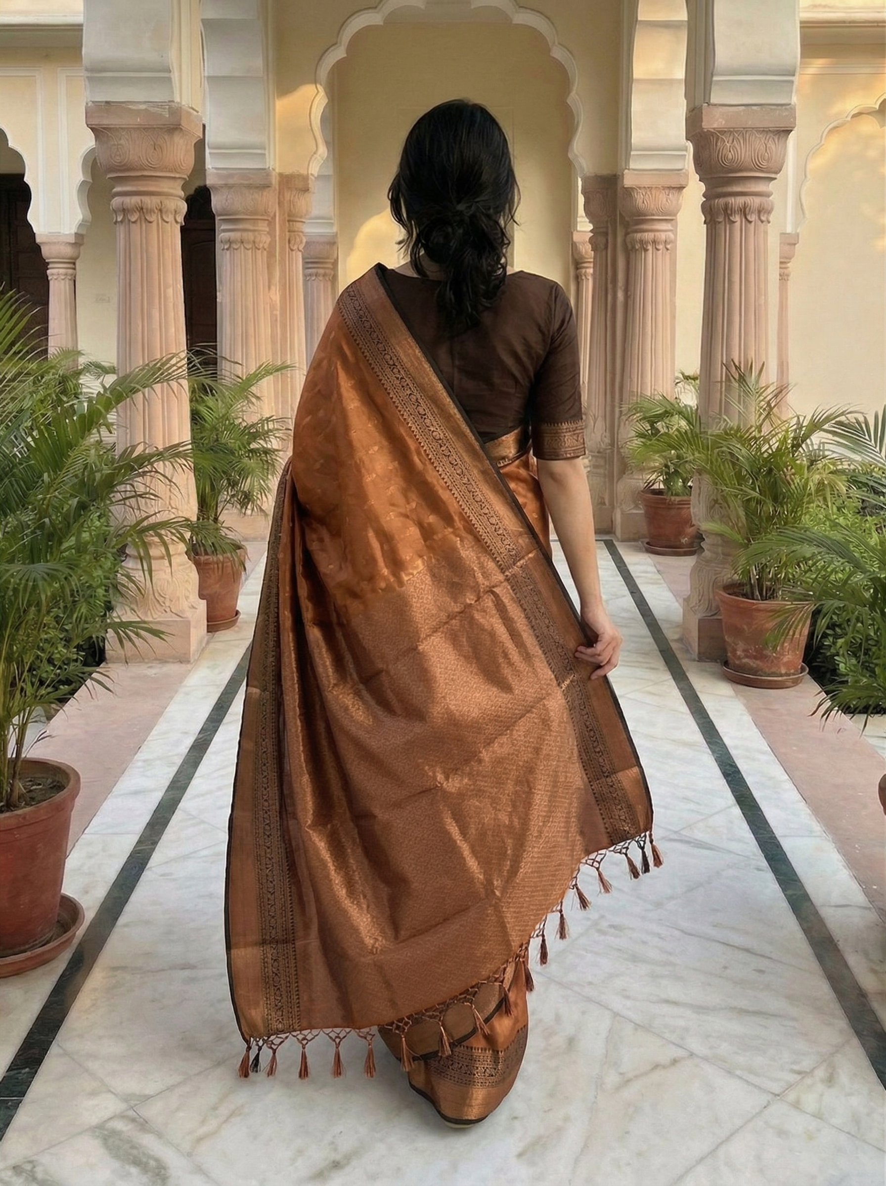 Semi Silk Copper Zari Saree with Rich Dark Brown Contrast