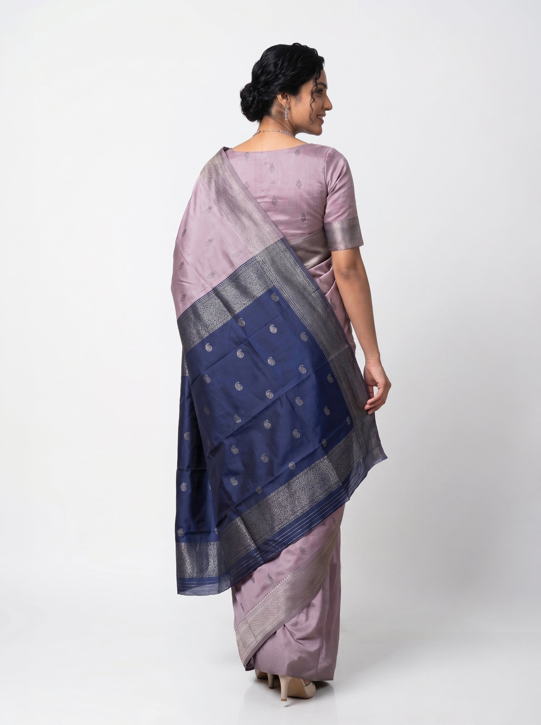 Art Silk Lavender Saree with Contrast Blue Silver Zari Woven Paisley Pallu