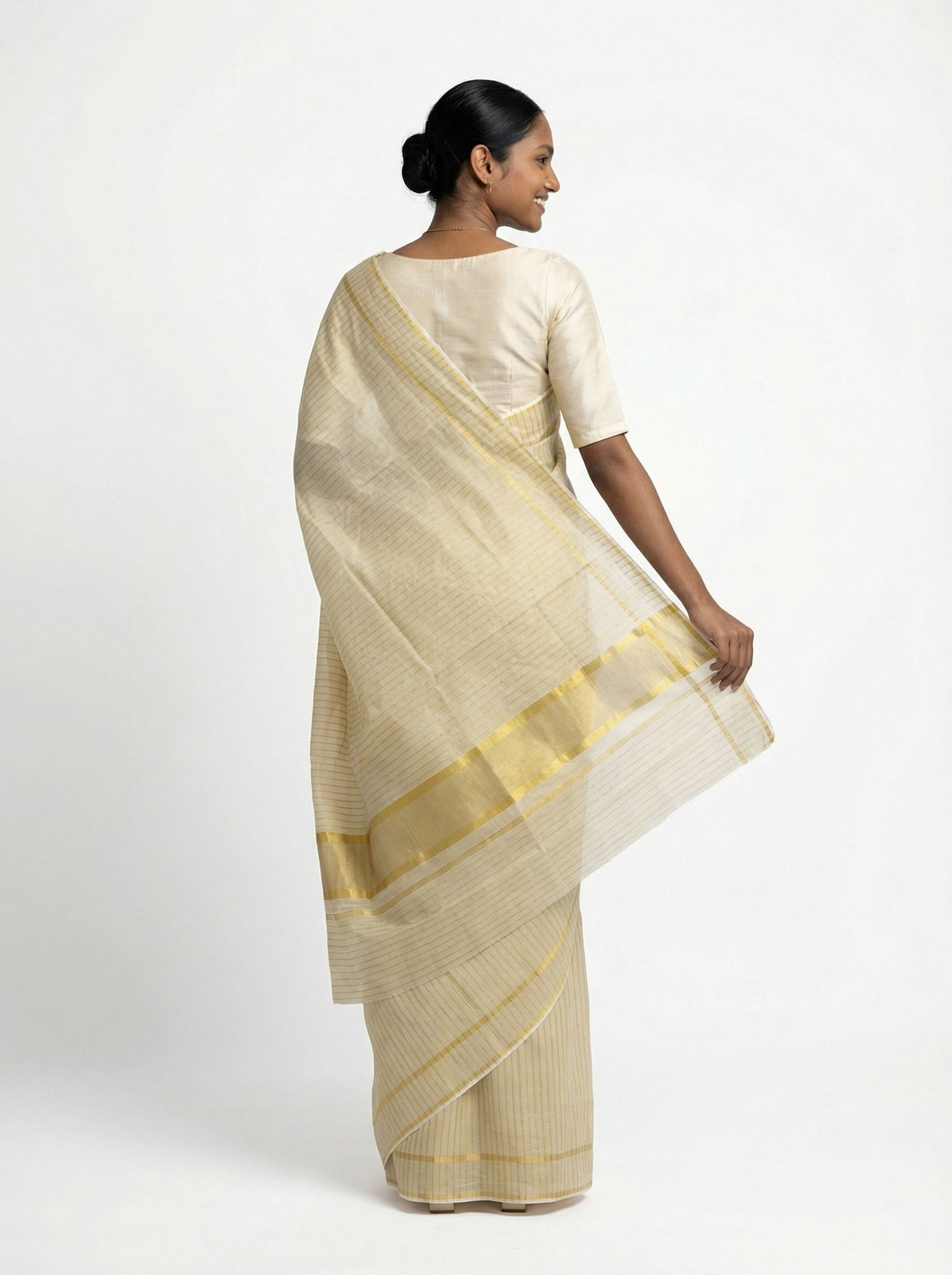Cotton Handloom Cream Saree with Fine All-Over Woven Vertical Stripe & Narrow Gold Zari Border