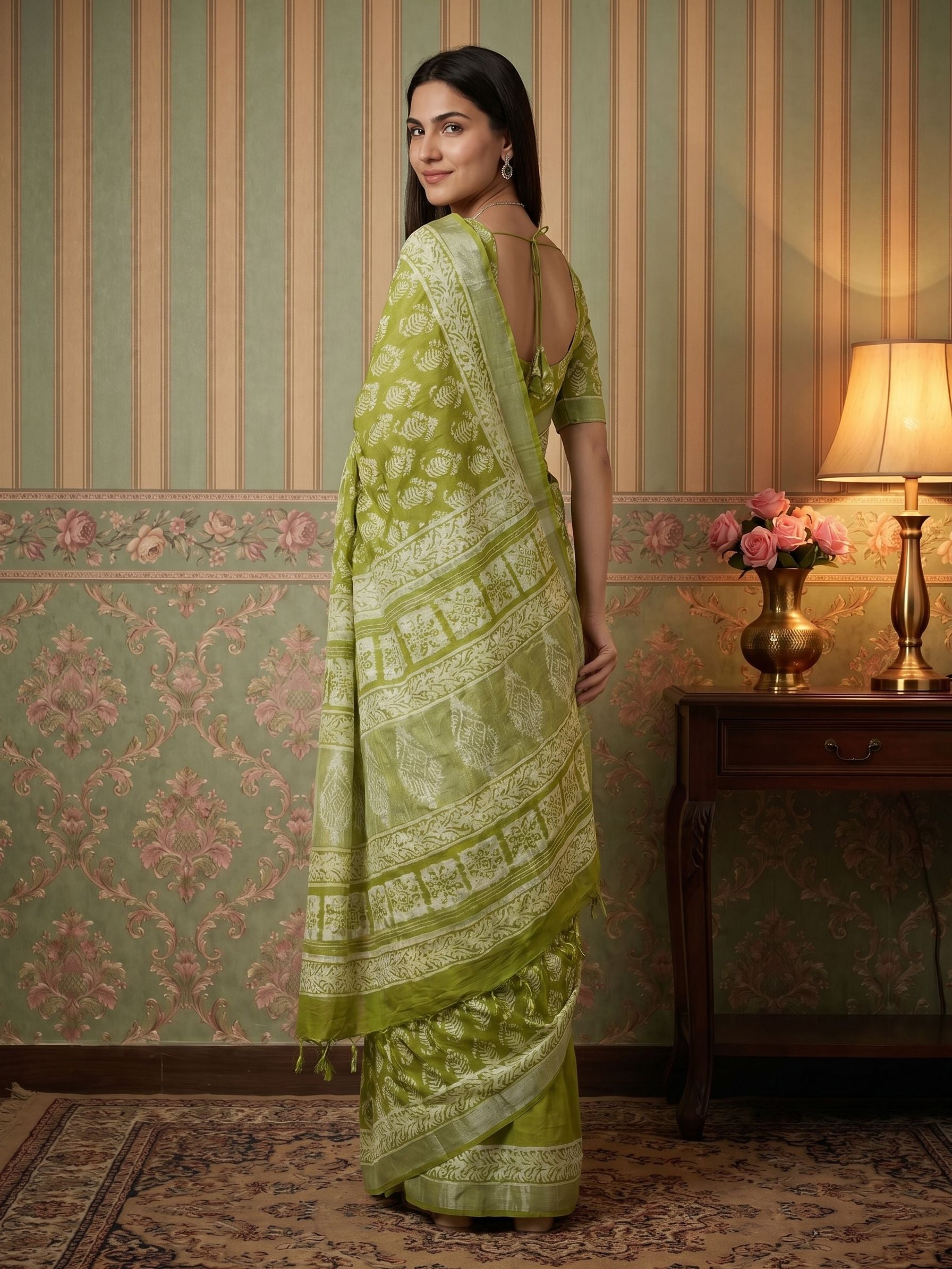 Linen Mehendi Green Paisley Motif Hand Block Print Saree