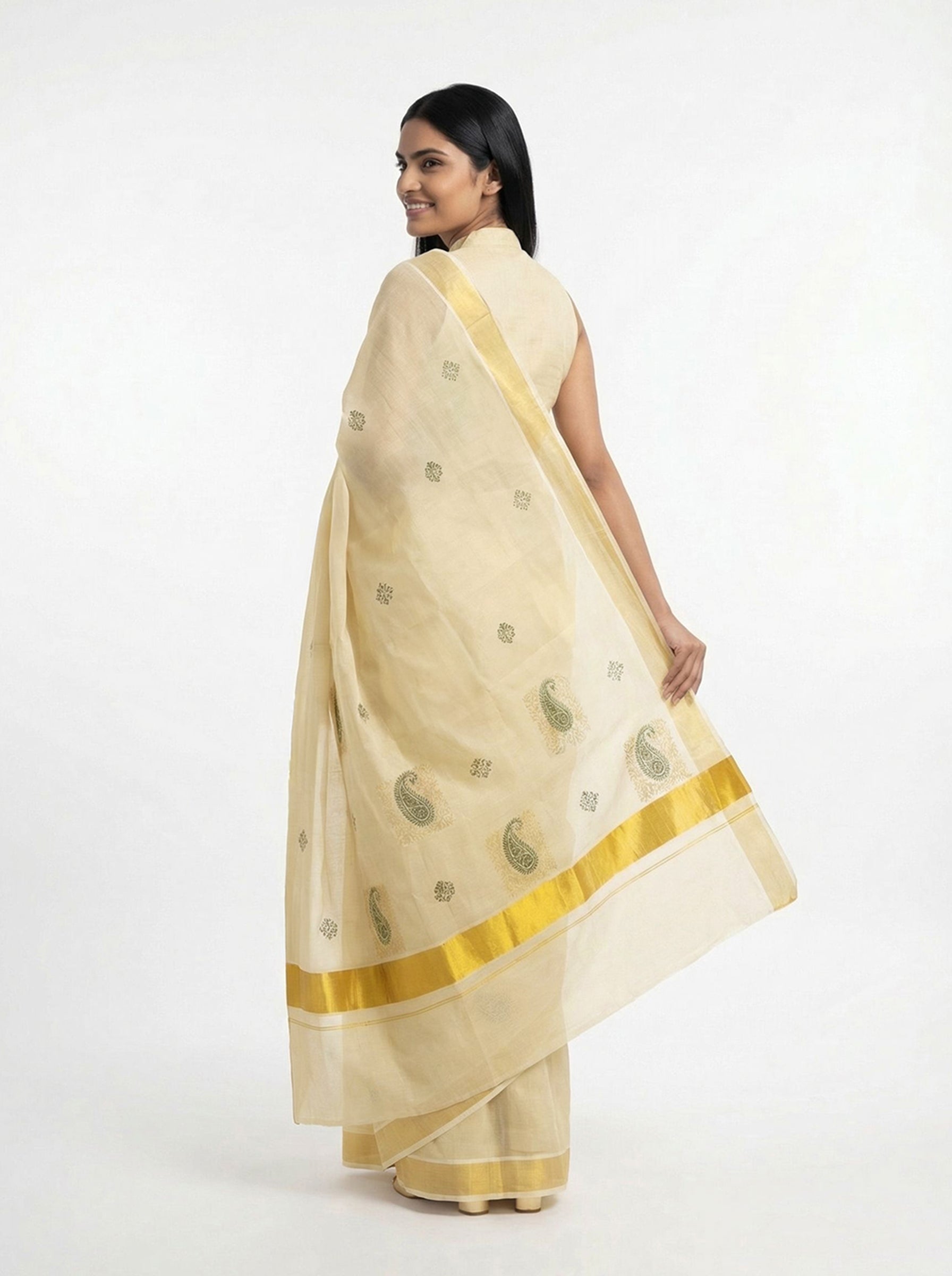 Kasavu Cream Saree with Peacock Motif and Golden Border Pattern Set Saree
