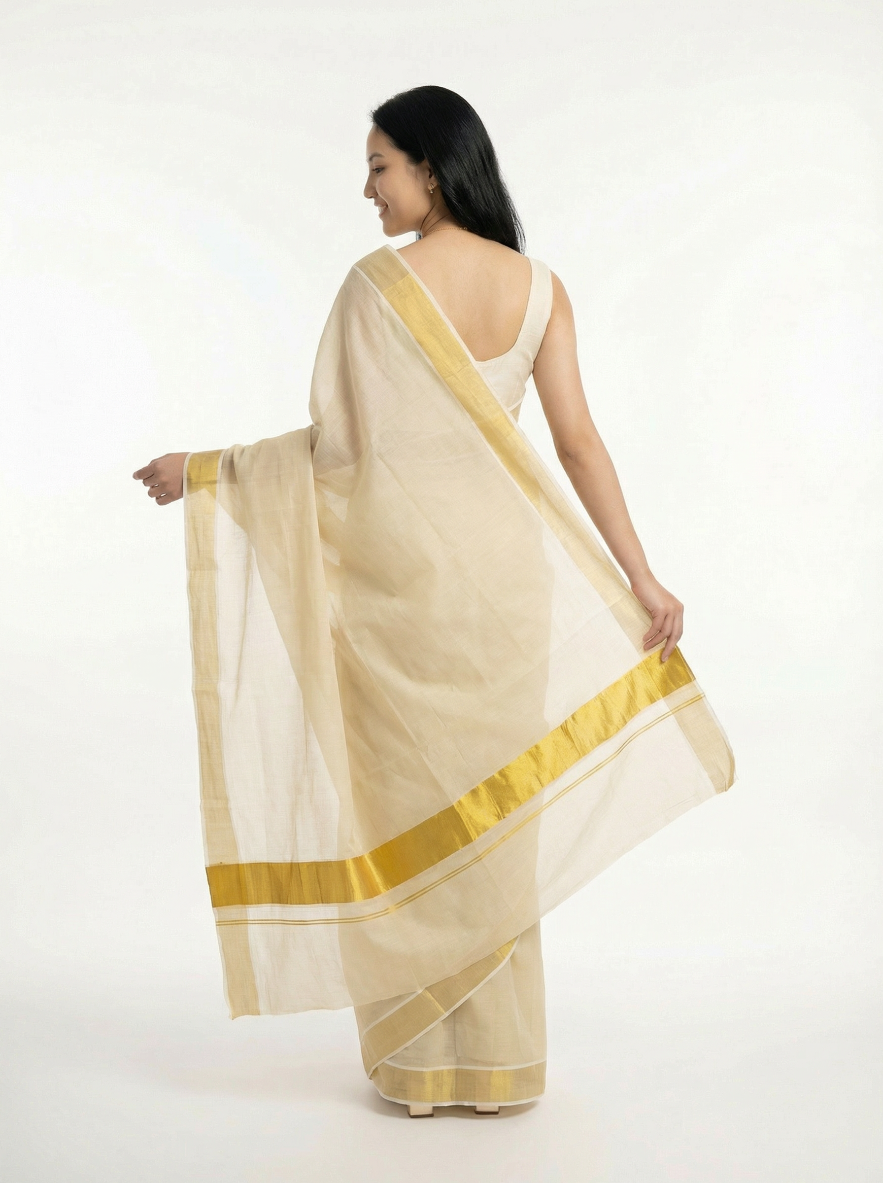 Cotton Kasavu Cream Saree with Kathakali Dancer & Peacock Eye Digital Print
