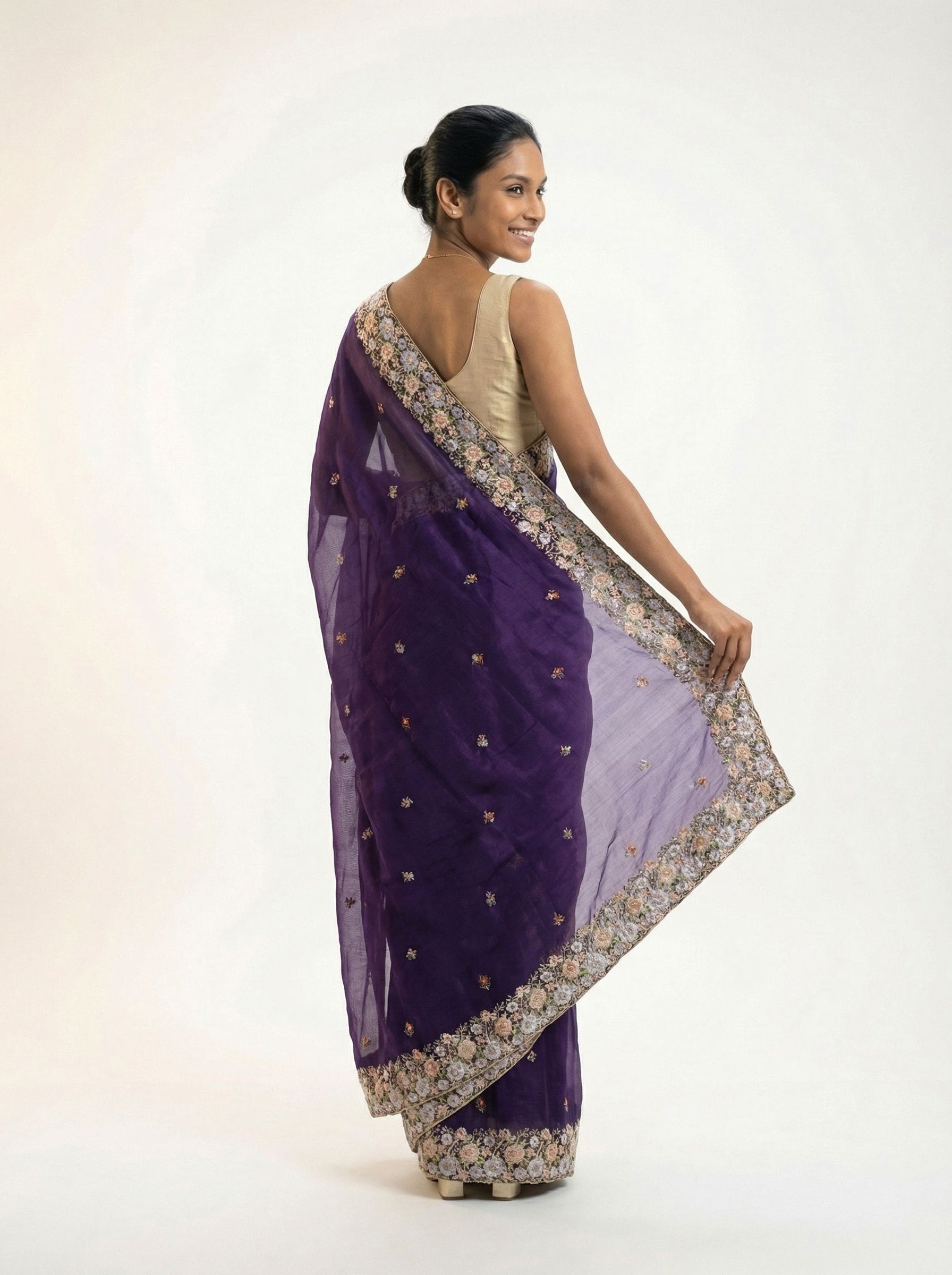 Organza Royal Purple Floral Embroidered Designer Saree