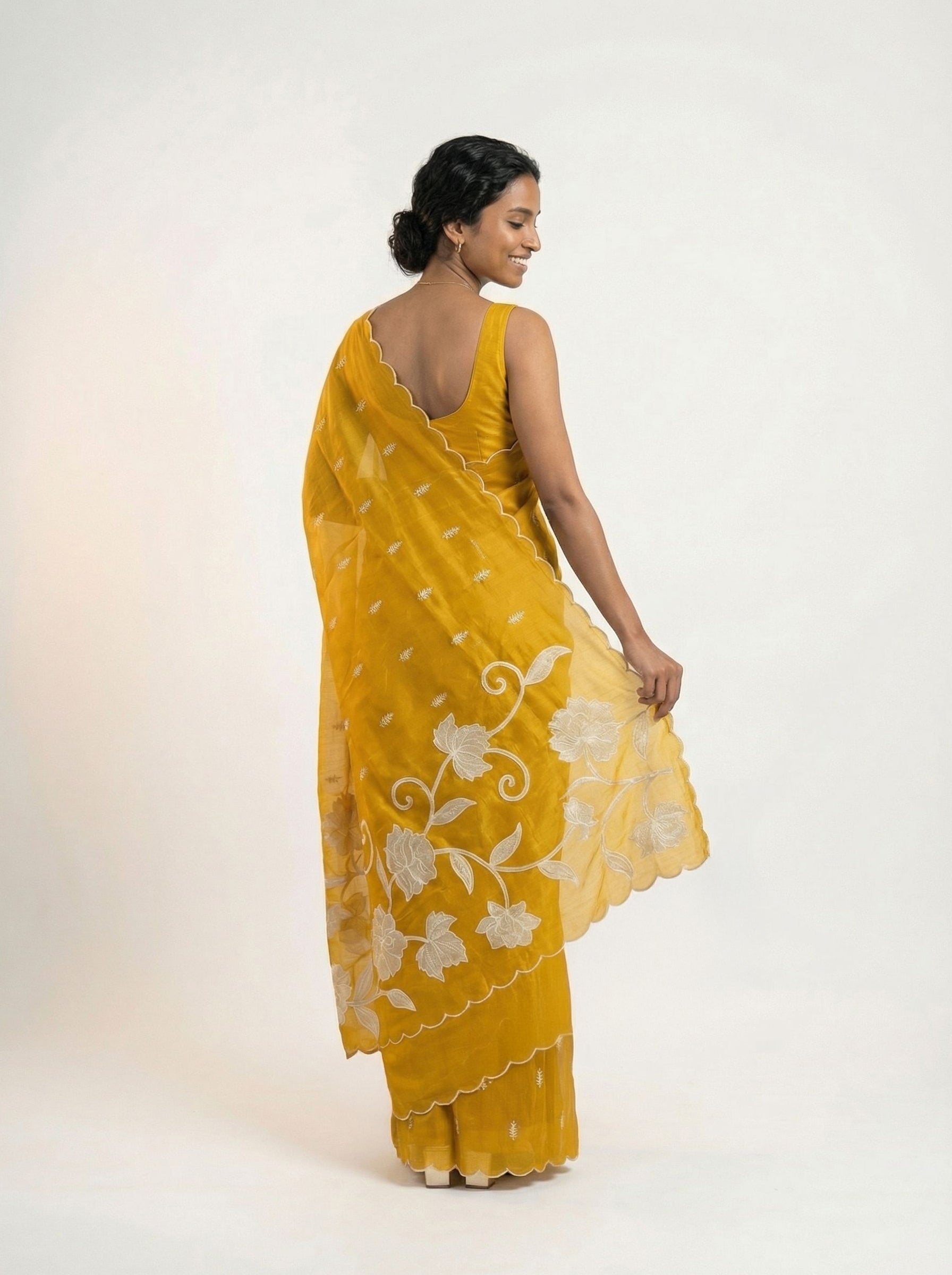 Organza Mustard Yellow Floral Butti Designer Saree with Scalloped  Border