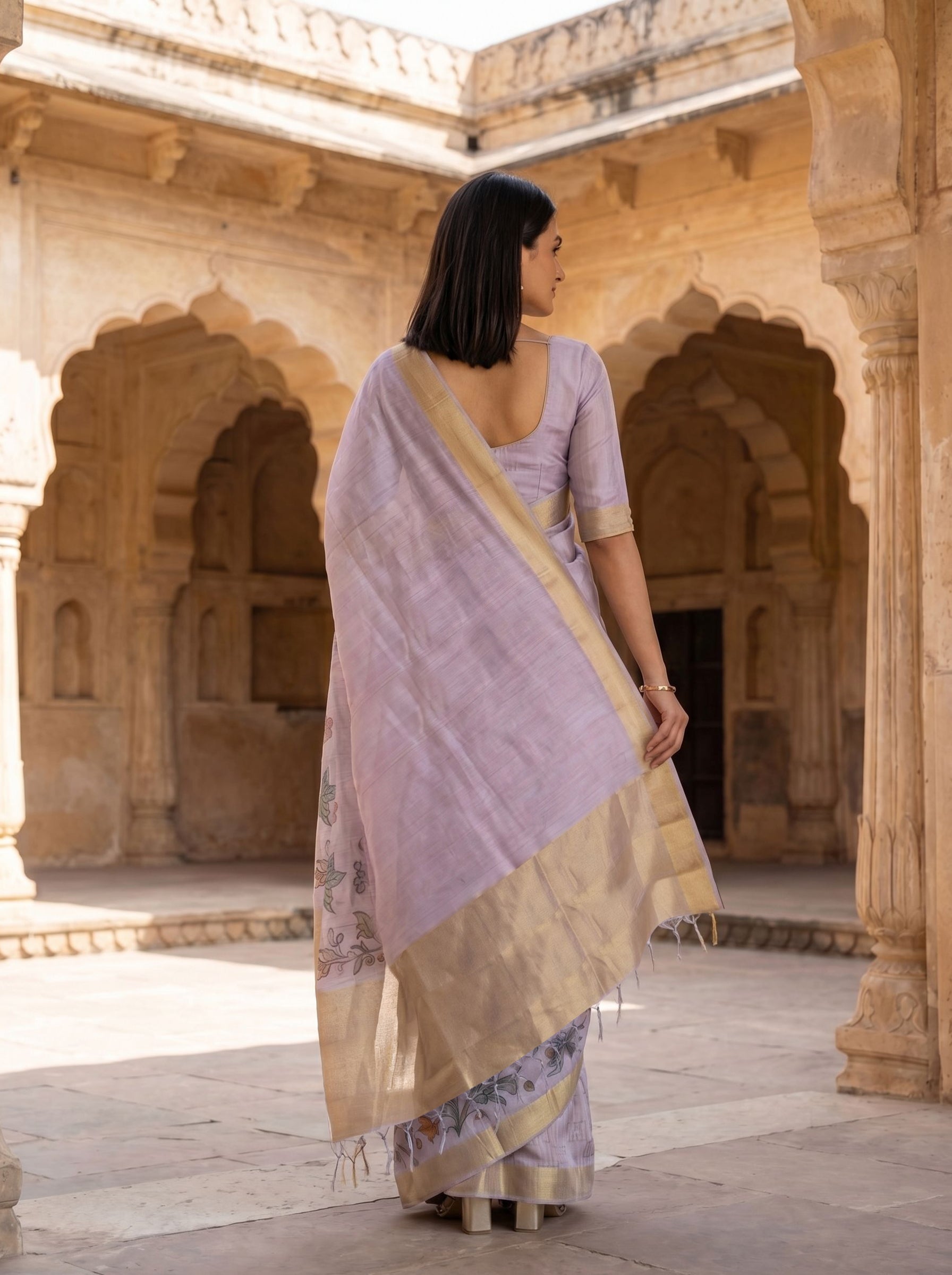 Semi Tussar Lavender Saree with Kalamkari Floral Print and Zari Border