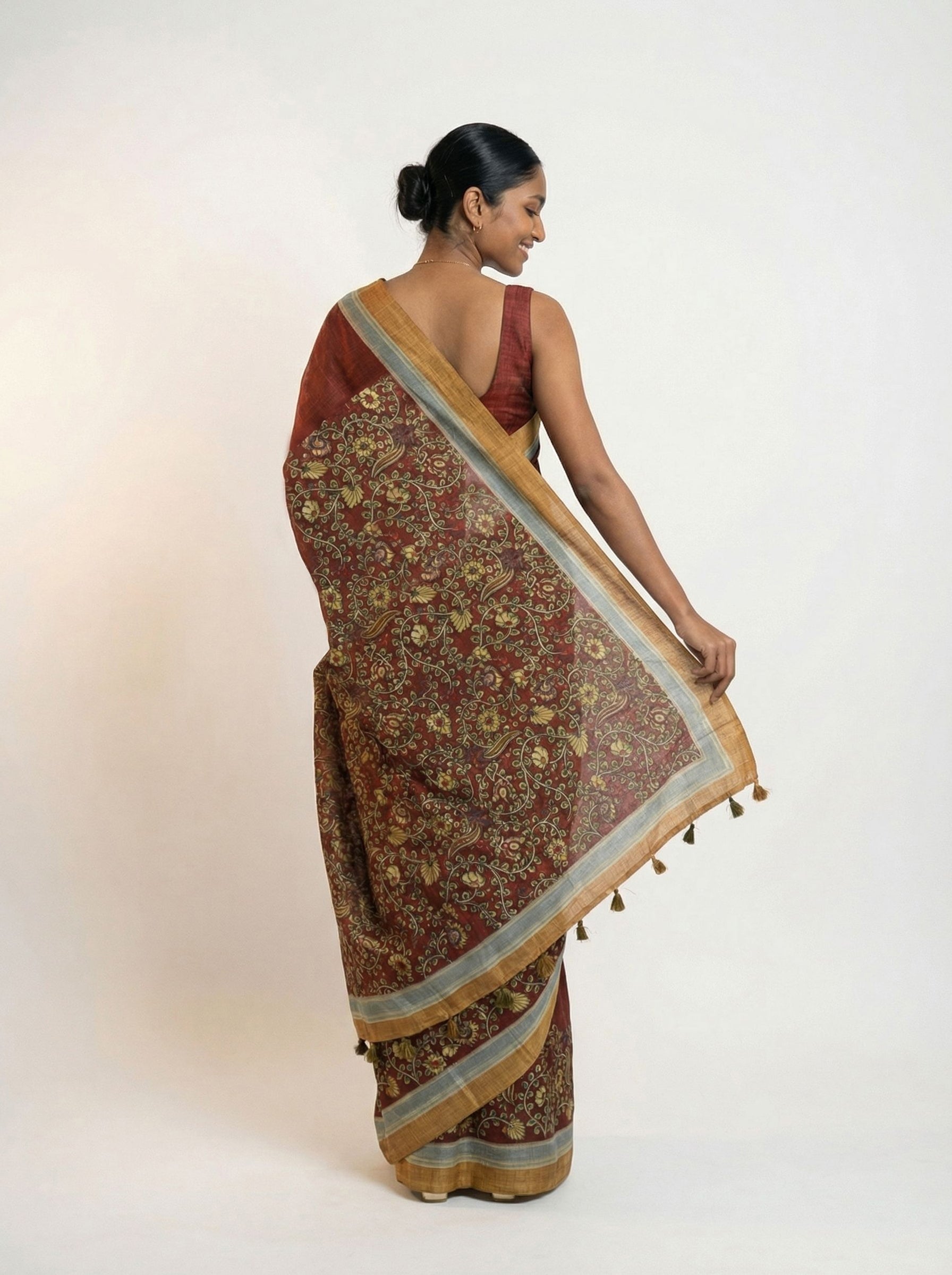 Chanderi Cotton  Maroon Floral Vine Printed Saree