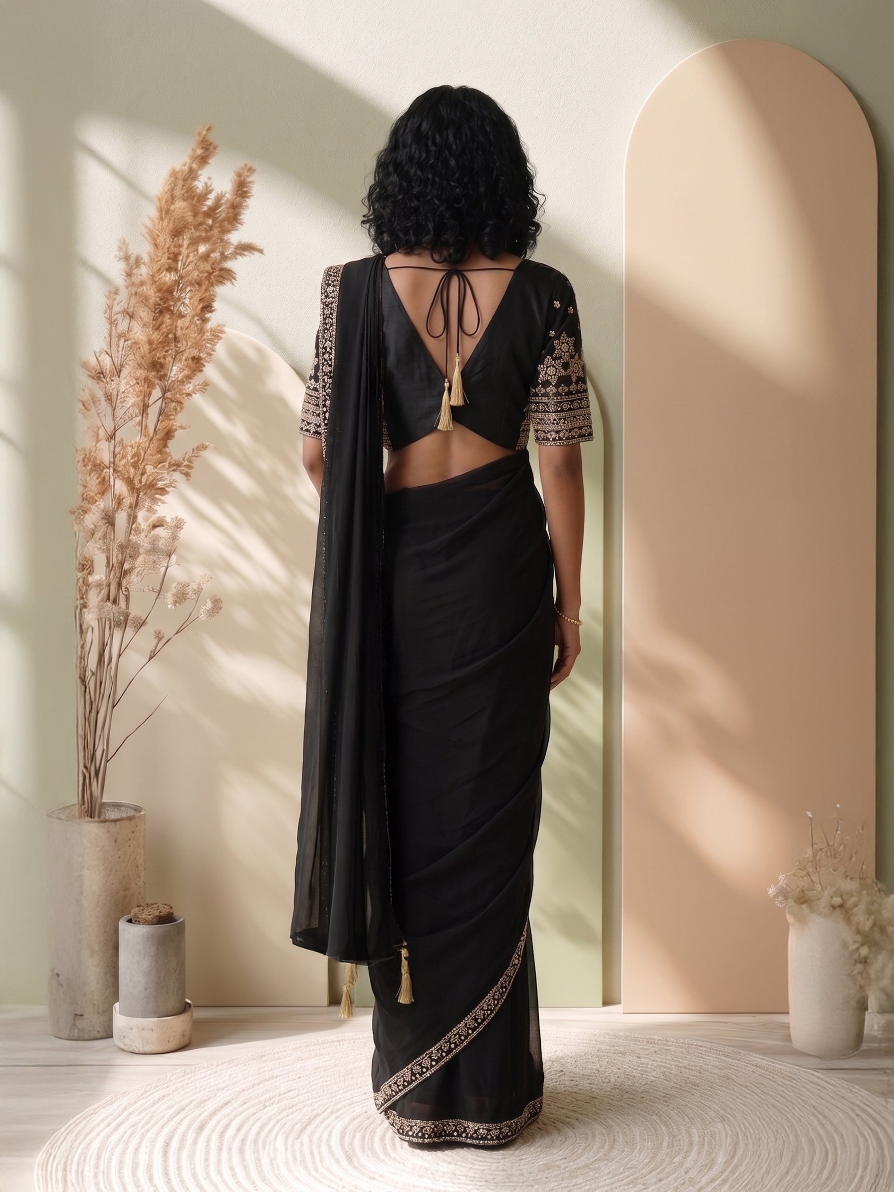 Satin Black Party Wear Sequins Ready to Wear Saree