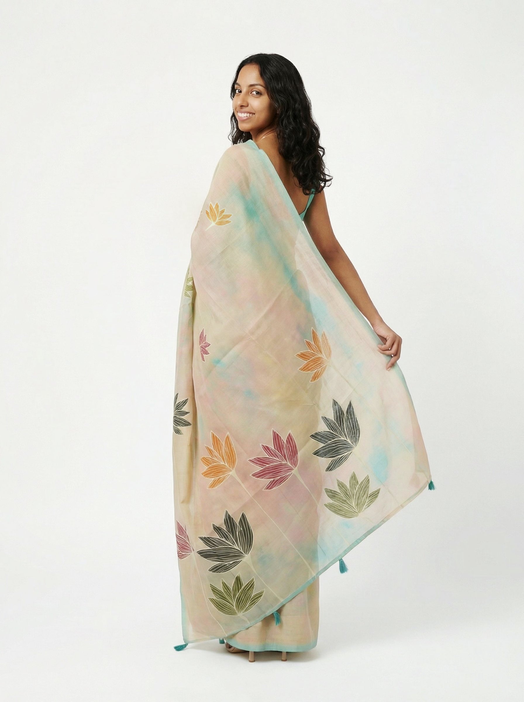 Chanderi Cotton Beige Lotus Printed Saree