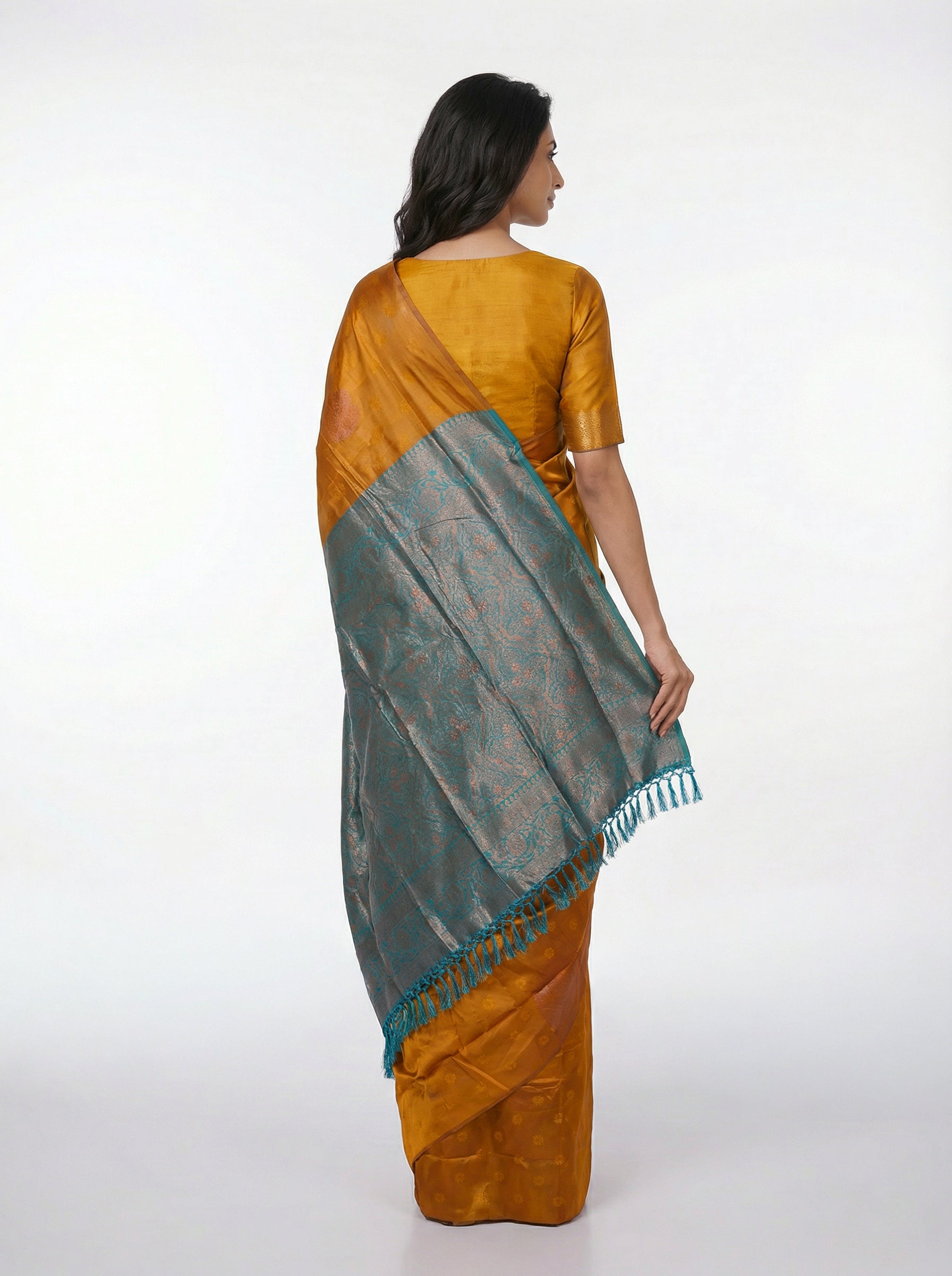 Semi Silk Mustard Yellow Saree with Peacock Blue Self Floral Motif Blouse