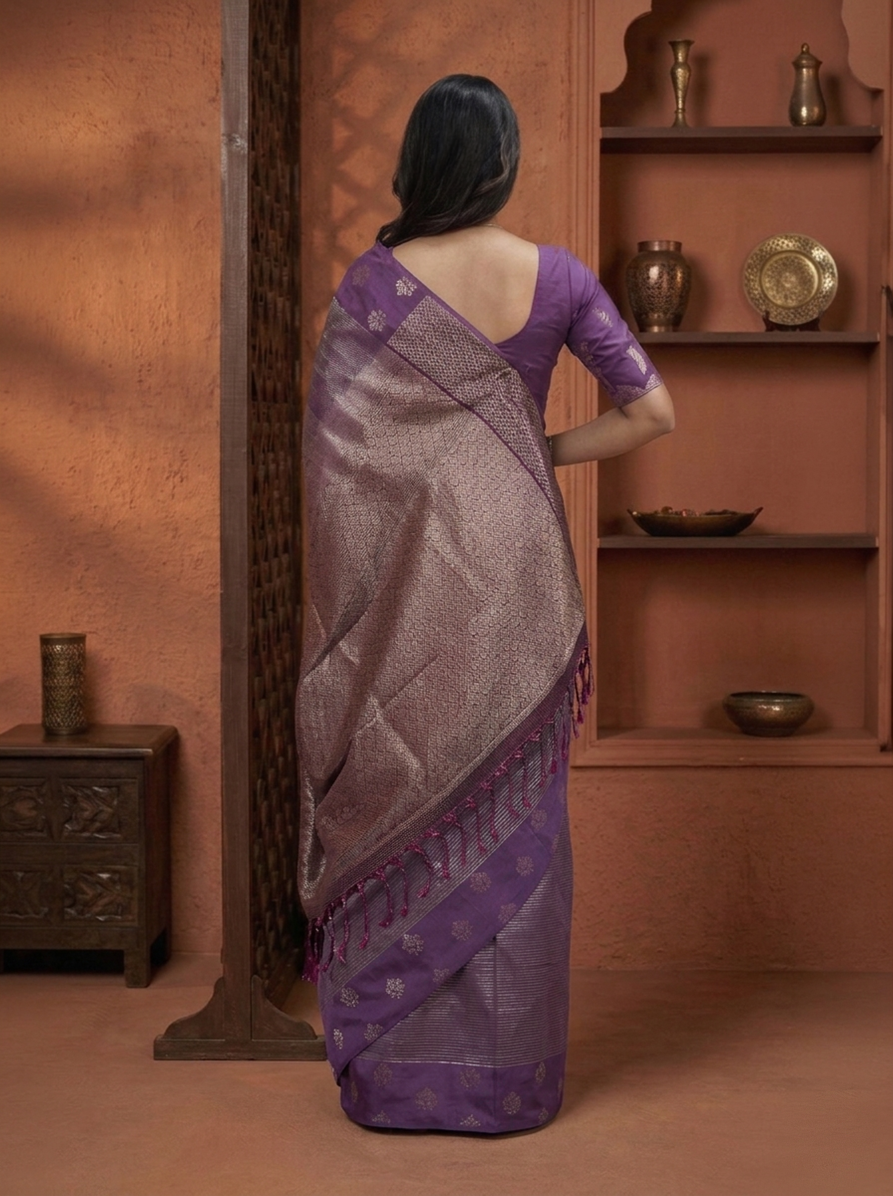 Semi Silk Violet Self-Design Saree with Zari Border