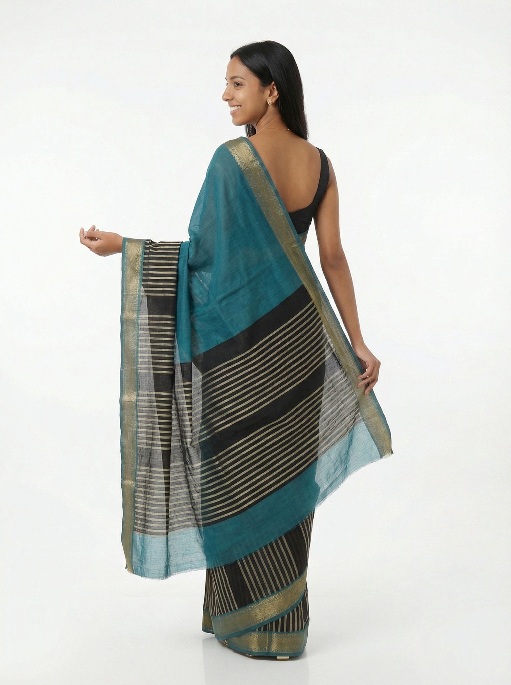 Chanderi Cotton Teal Blue And Black Striped Saree