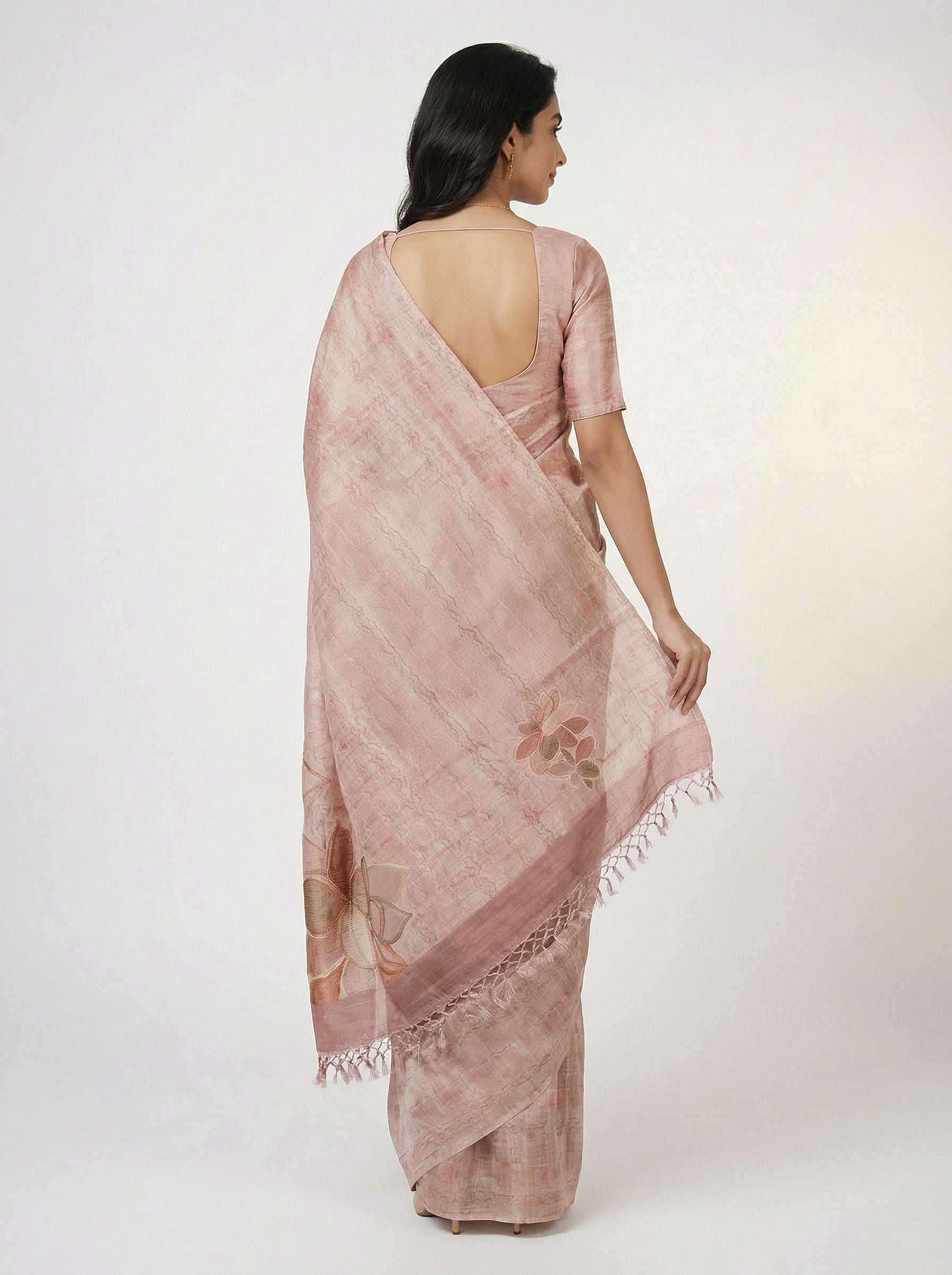 Semi Raw Silk Peach Saree with Modern Abstract Print