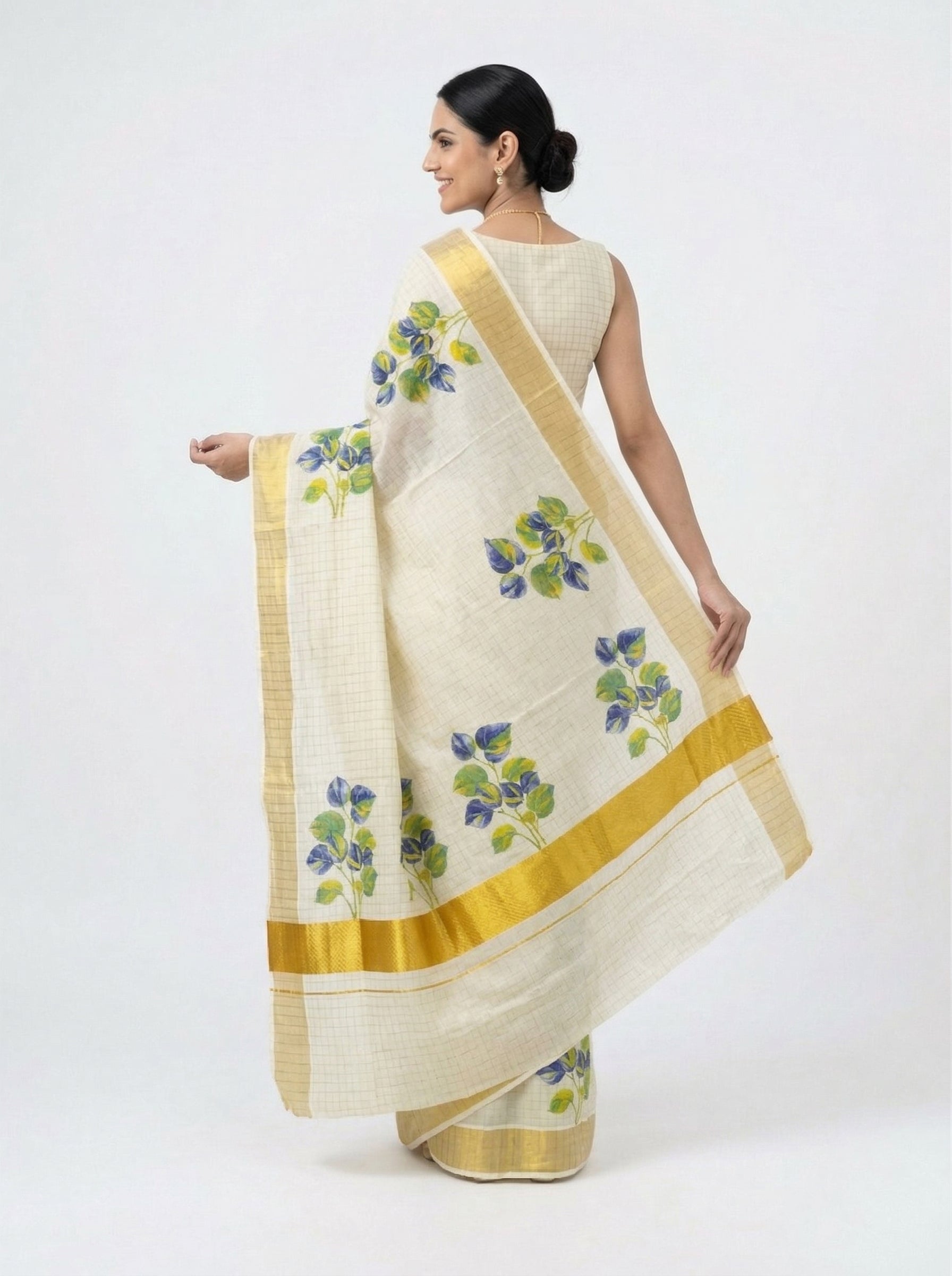Cotton Cream Saree with Checked Pattern and Blue Floral Print Set Saree