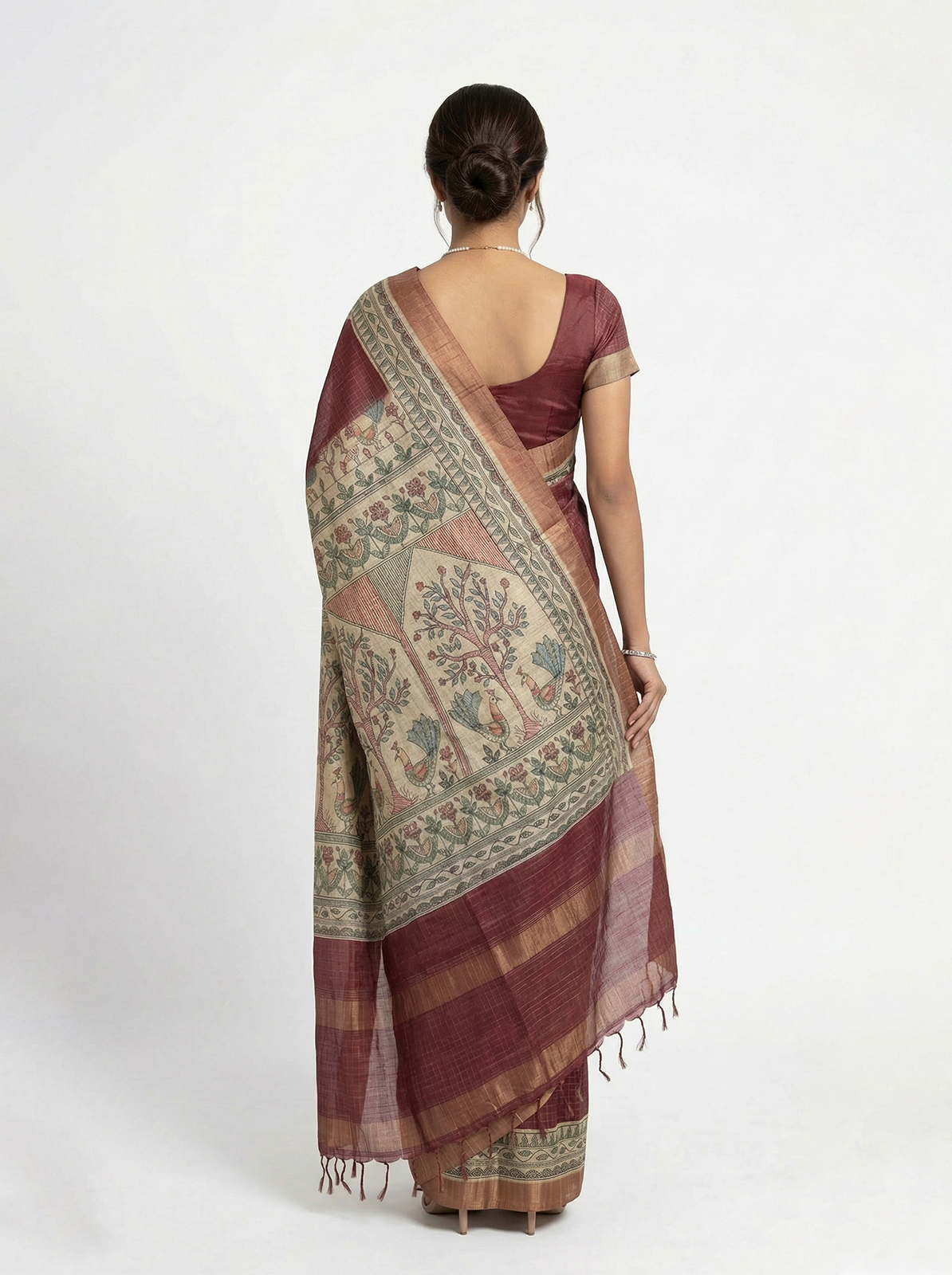 Semi Jute Brick Red Checked Weave Saree