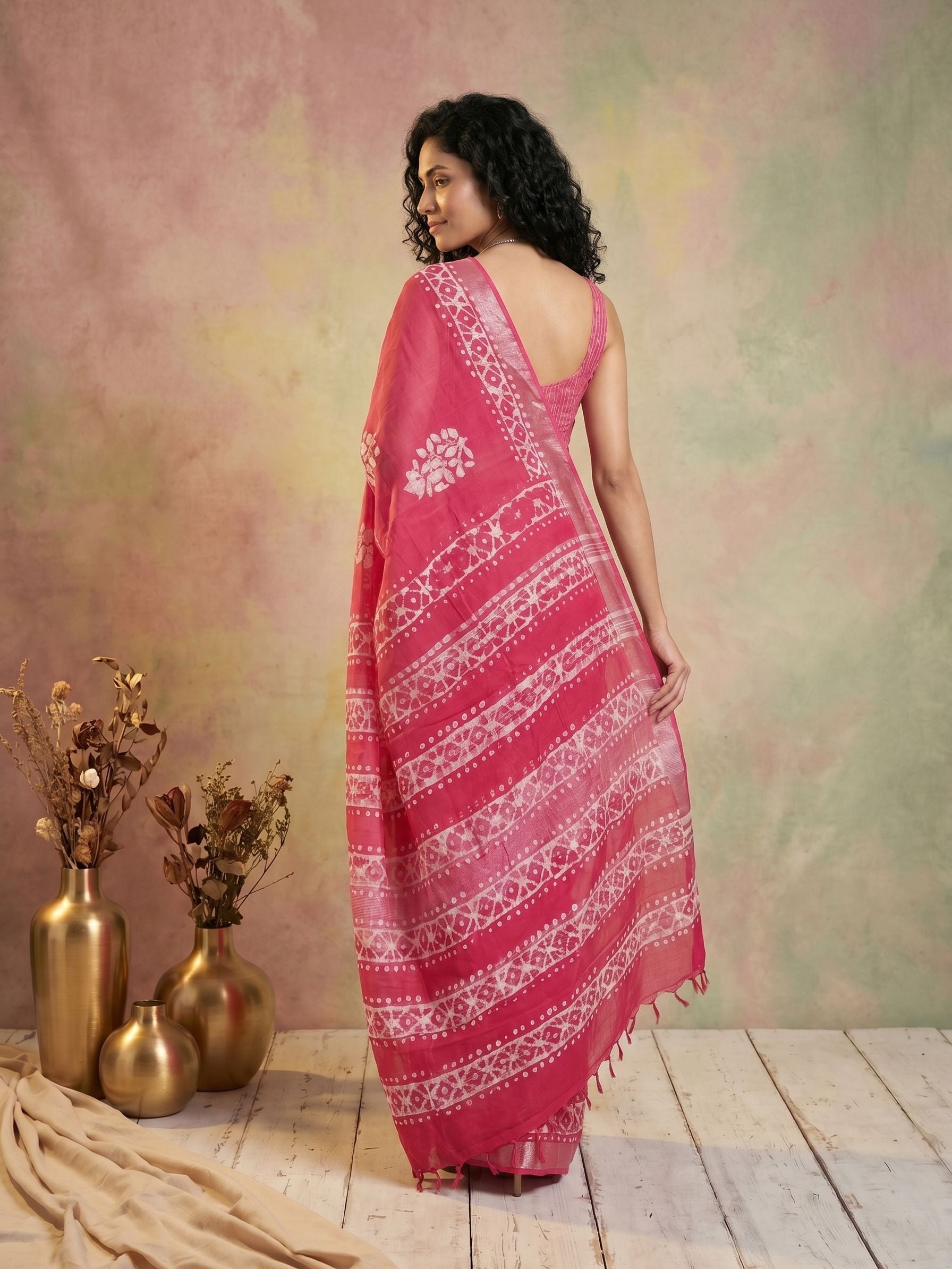 Linen Rani Pink Floral Motif Hand Block Print Saree