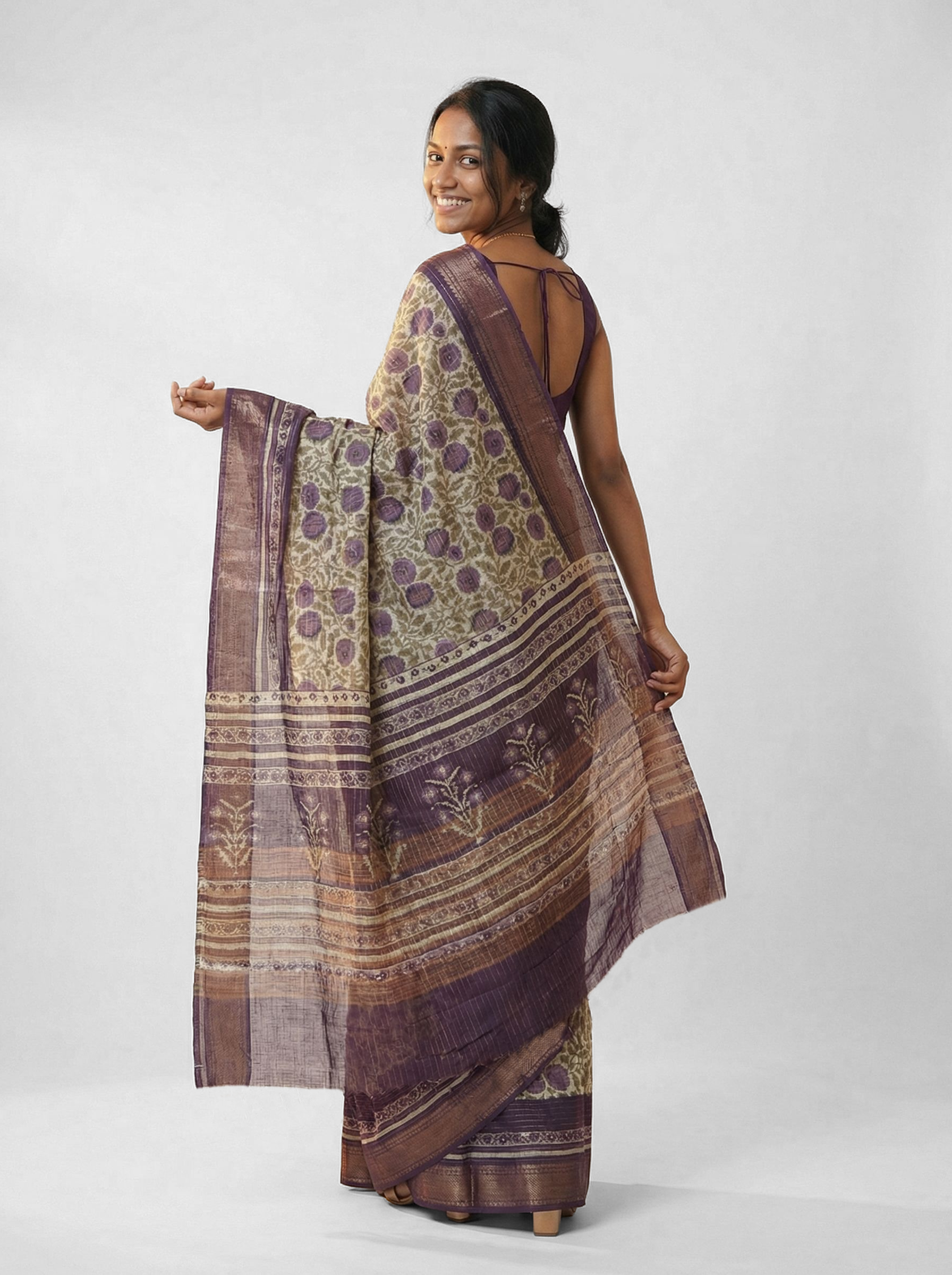 Chanderi Cotton Beige And Purple Floral Printed Saree