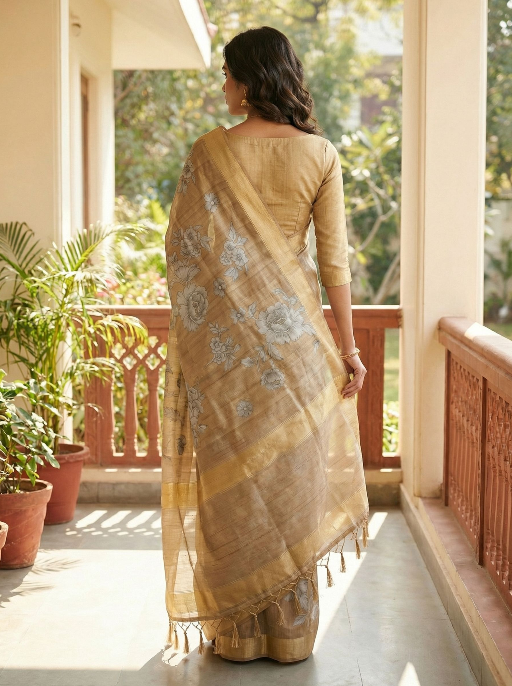 Semi Silk Wheat Gold with Silver Floral Design