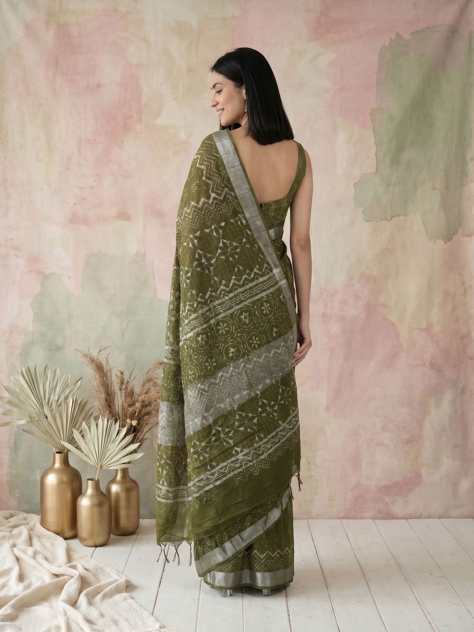 Linen Olive Green Leafy Block Printed Saree with Zari Border