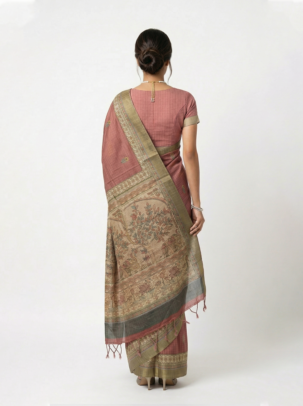 Semi Jute Dusty Rose Checked Printed Saree