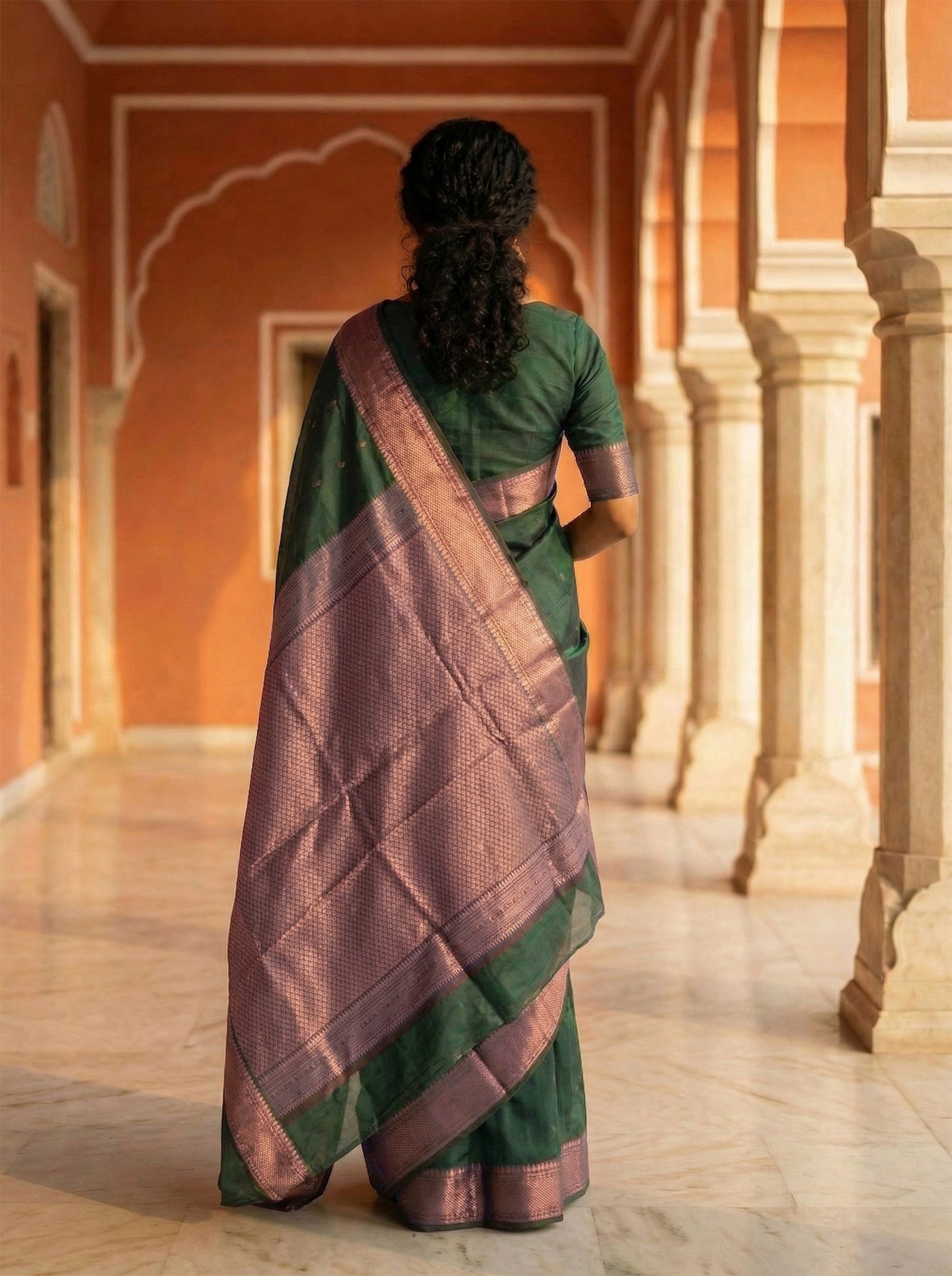 Semi Silk Forest Green Saree with Luxurious Woven Pallu Design