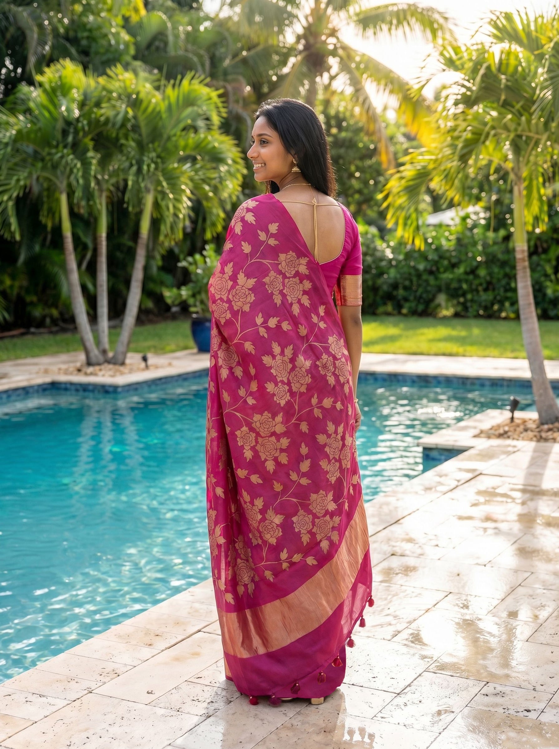 Tussar Magenta Saree with Gold Floral Weaving