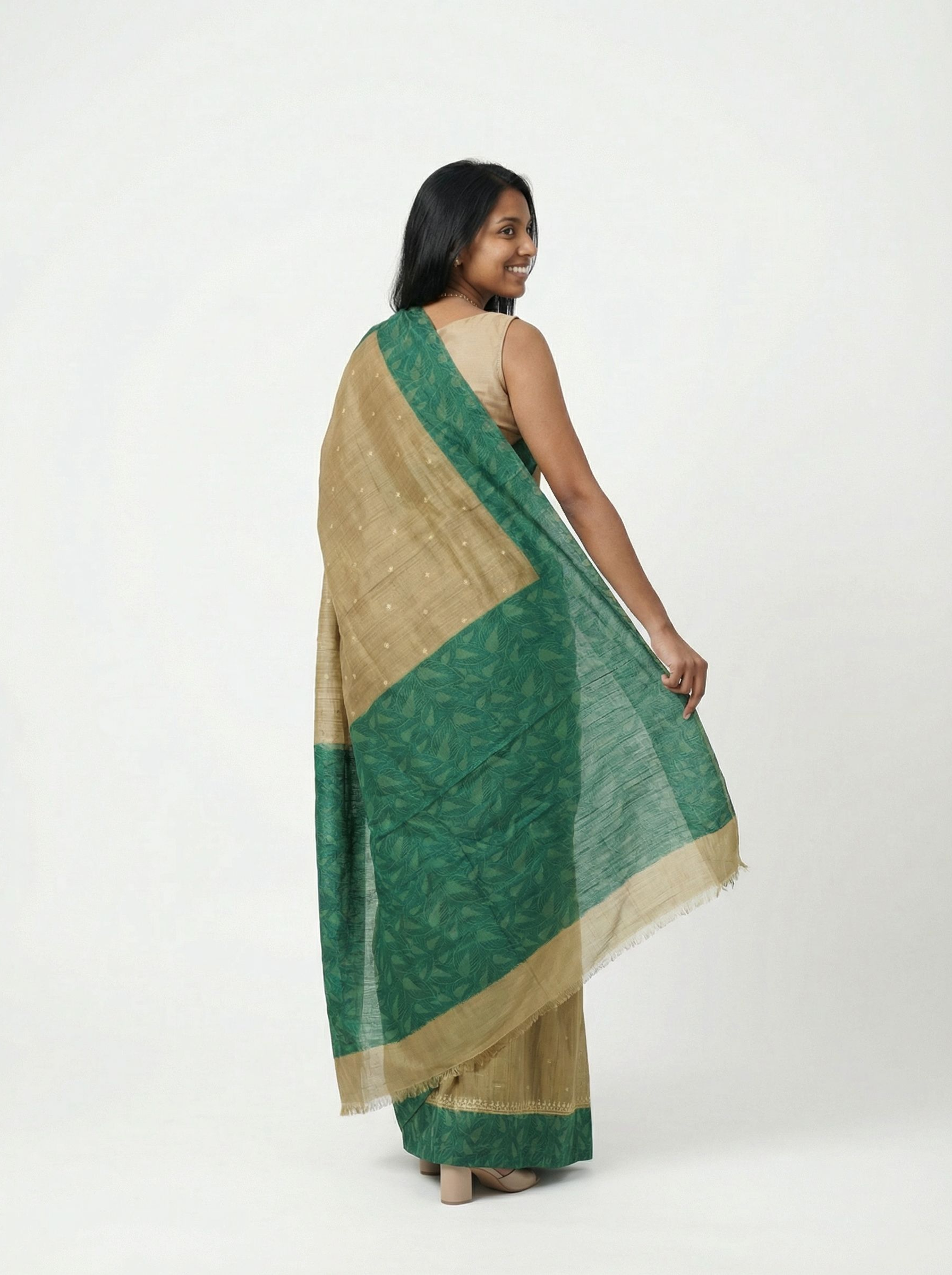 Chanderi Cotton Olive Green Border Saree