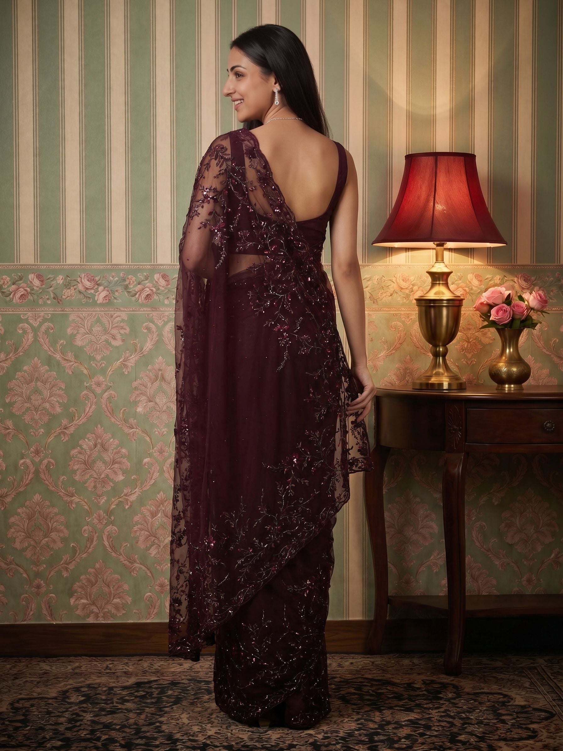 Net Wine Purple  Saree with Heavy Floral Sequins Embroidery and Designer Transparent Pallu