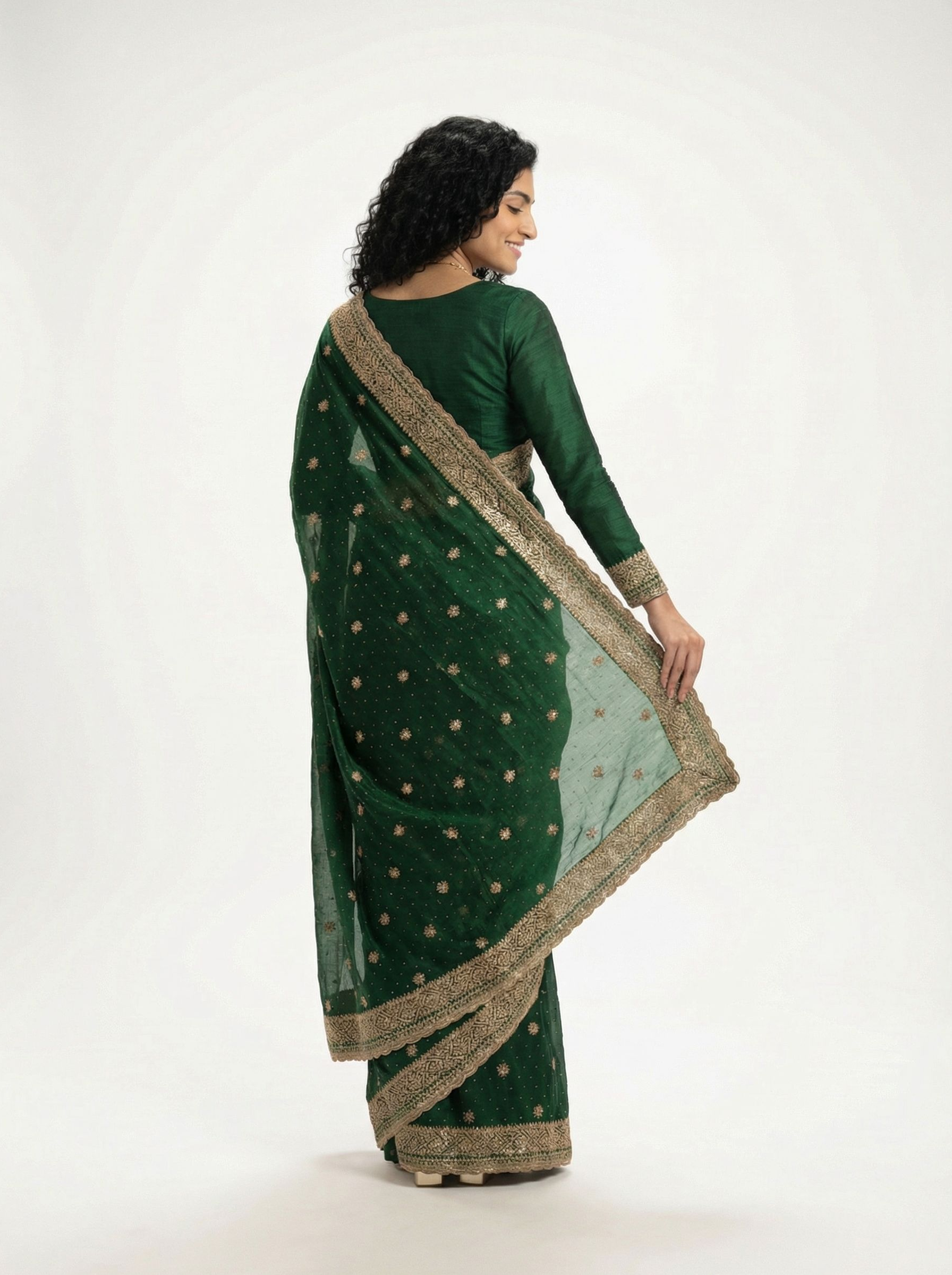 Organza Emerald Green Zari Butta Embroidered Designer Saree