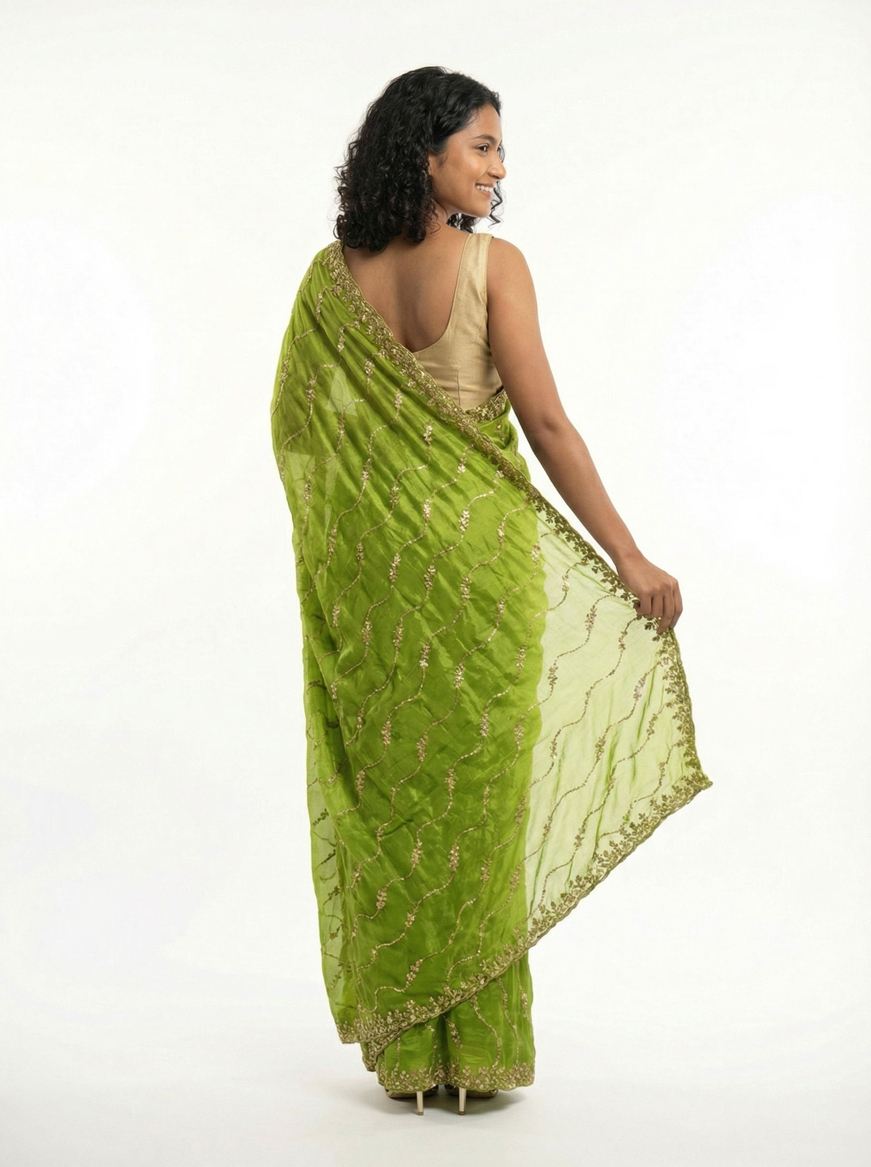 Organza Parrot Green Floral Sequence Work Designer Saree