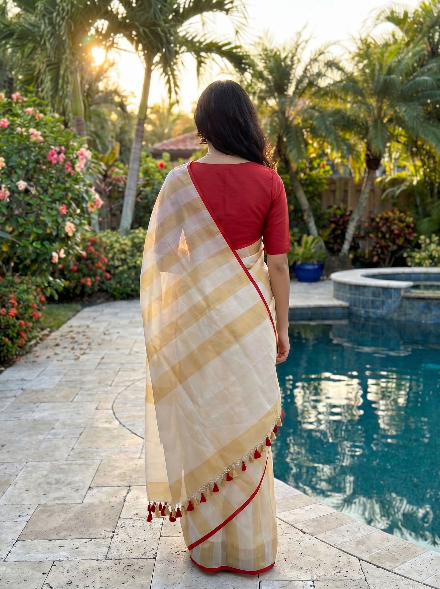Tussar Ivory Gold Checked Saree with Red Border
