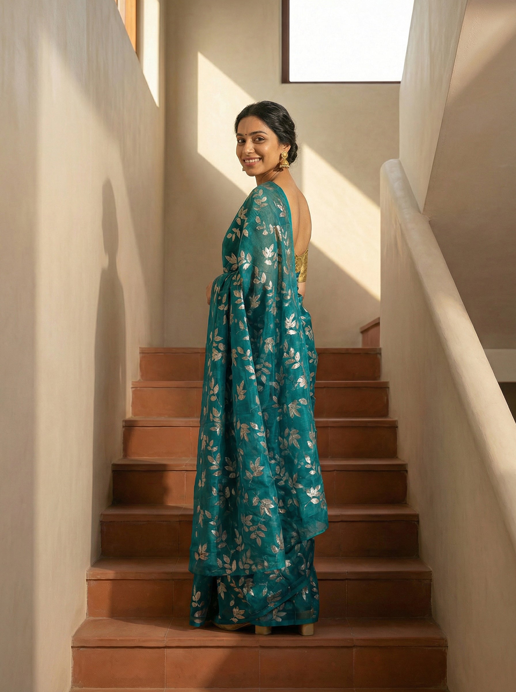 Synthetic Blue Saree with Modern Botanical Print