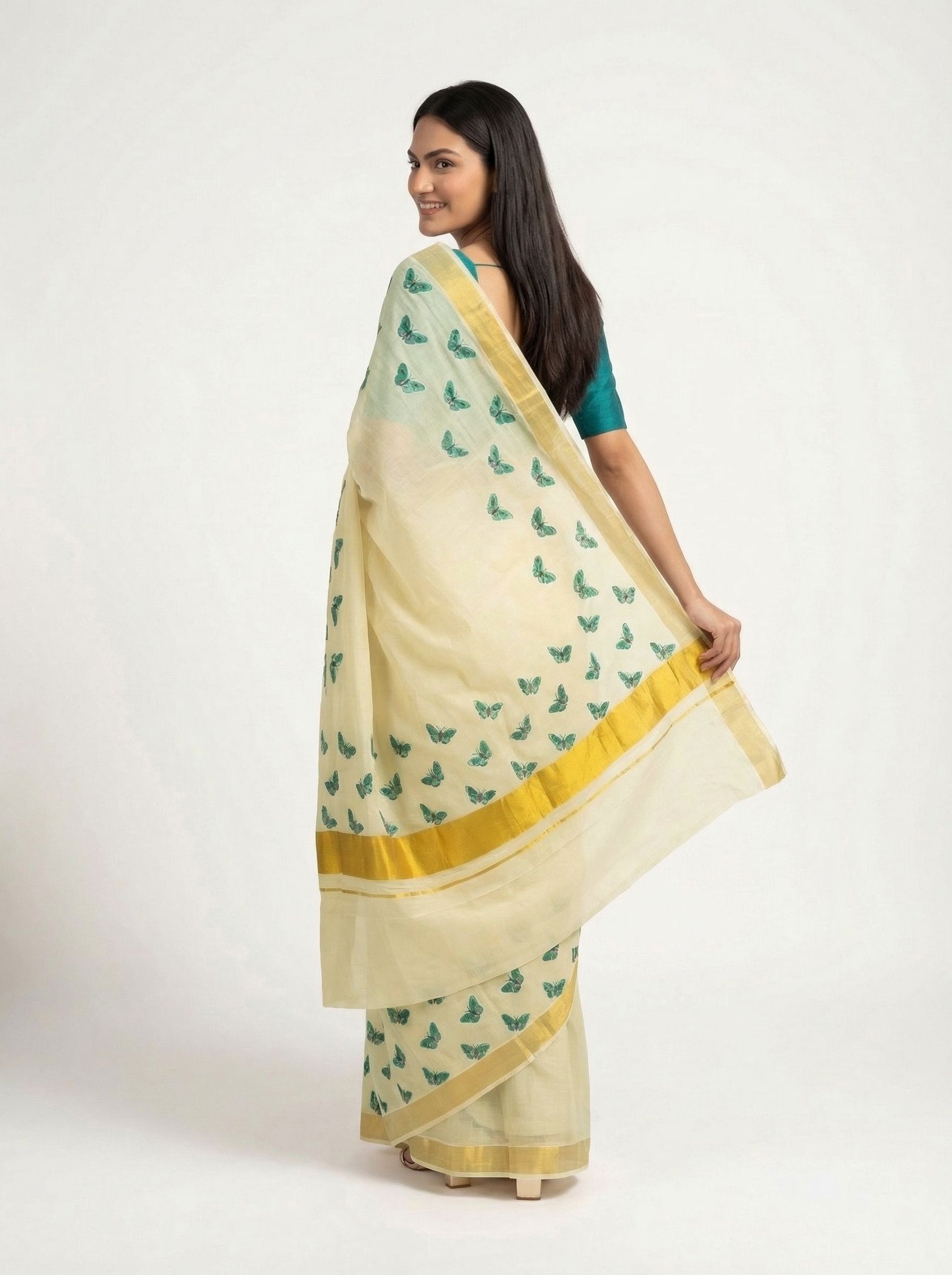 Cotton Cream Saree with Teal Butterfly Prints and Golden Border Vishu Special Set Saree