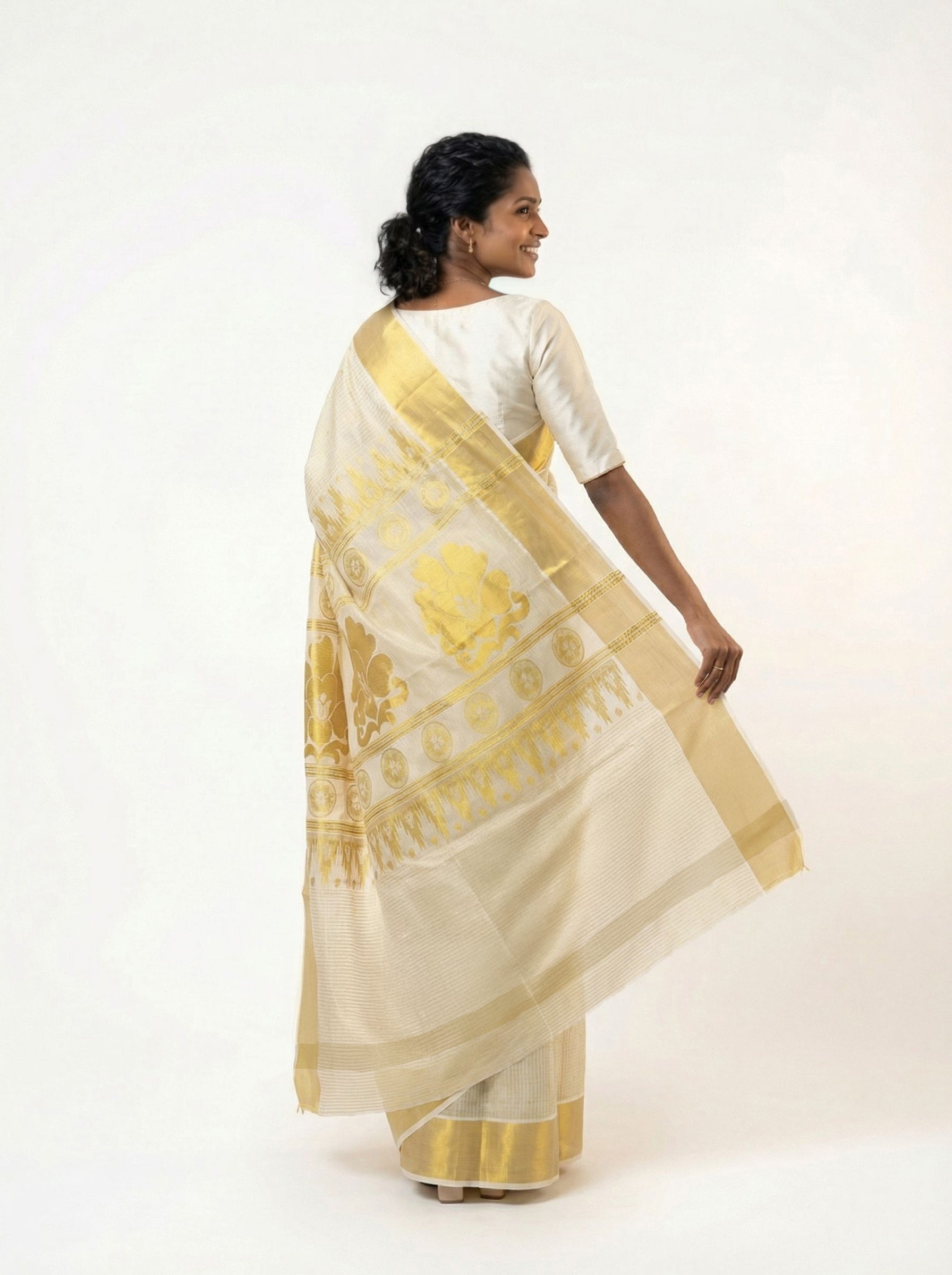 Cotton Kasavu Cream Saree with Woven Check Body, Gold Zari Mini Butta & Elephant Procession Pallu