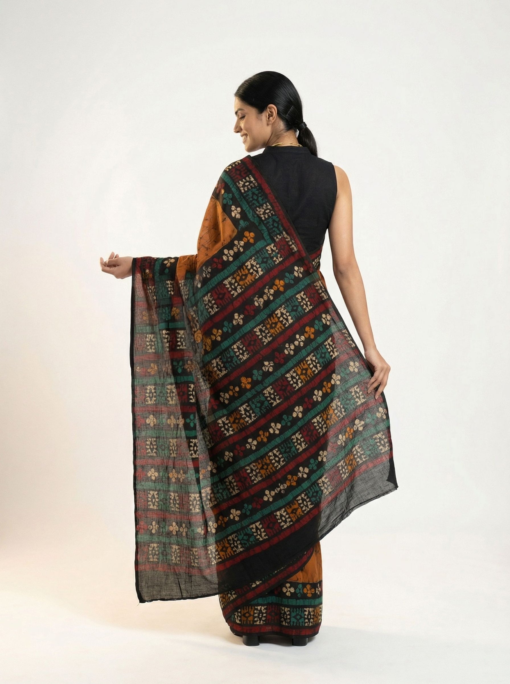Chanderi Cotton Rust Batik Printed Saree