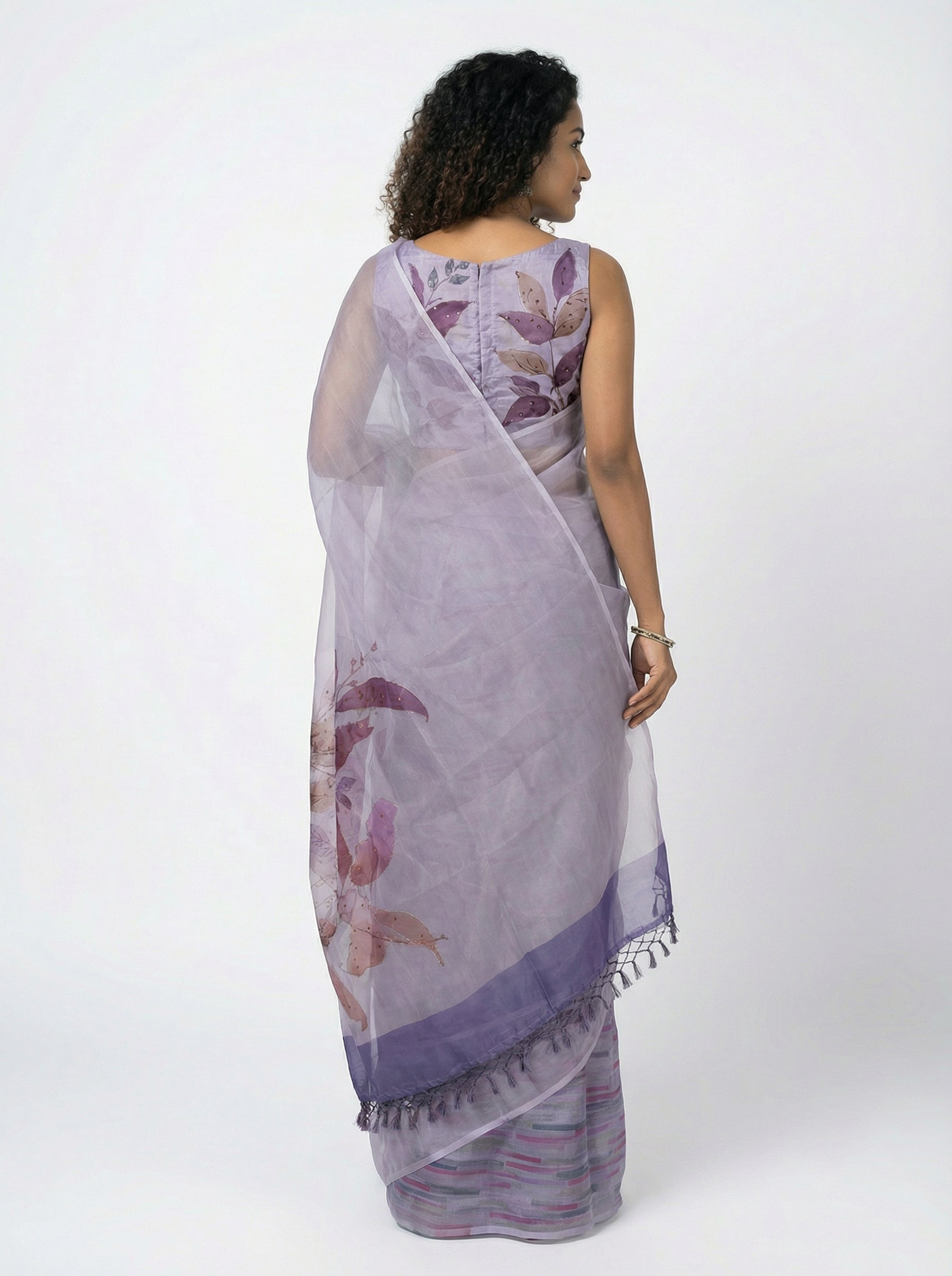 Organza Fancy Stylish Lavender Saree with Contemporary Brush Stroke Blouse
