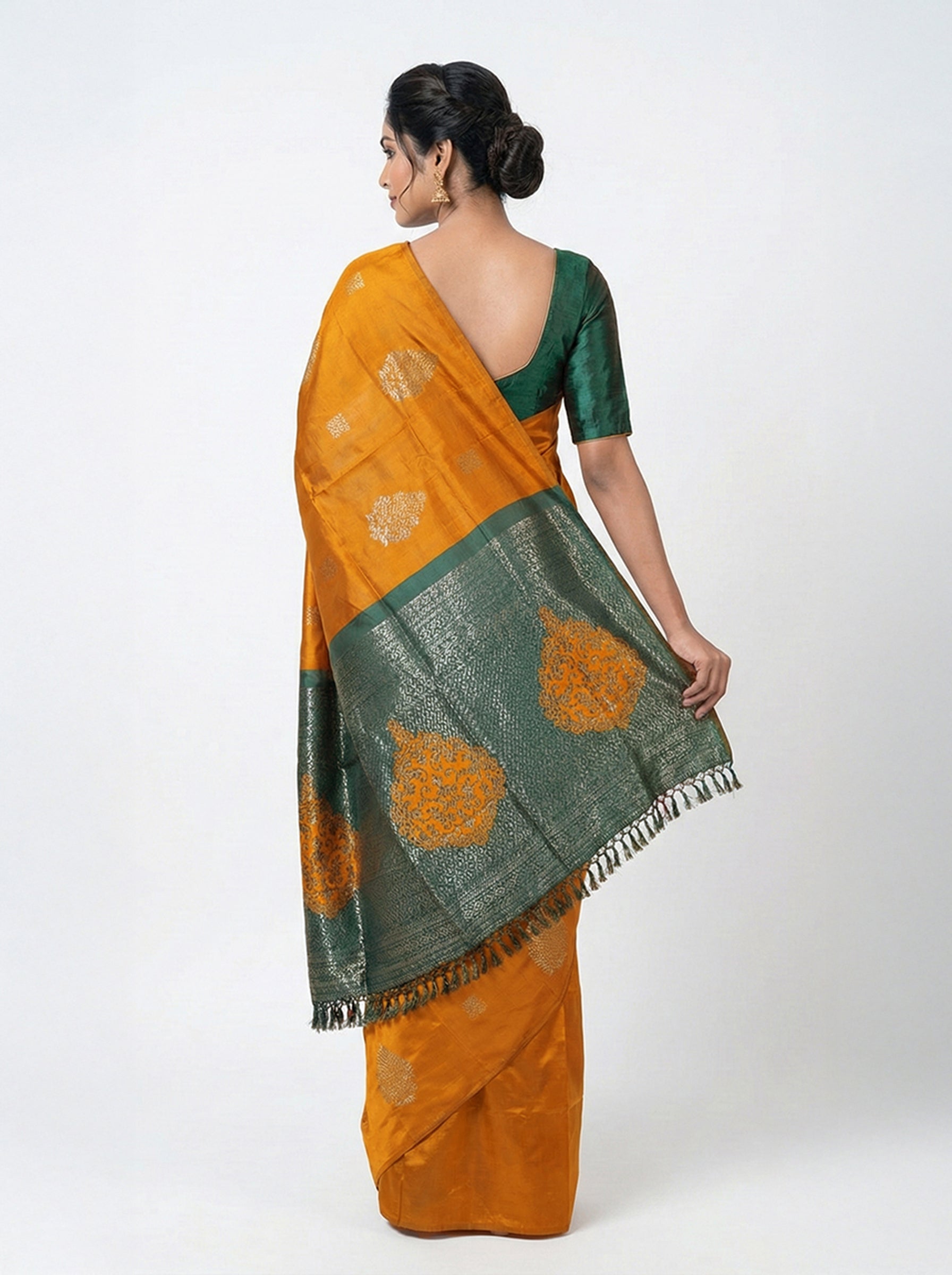 Semi Silk Elegant Mustard  Saree with Contrast Green Brocade Blouse