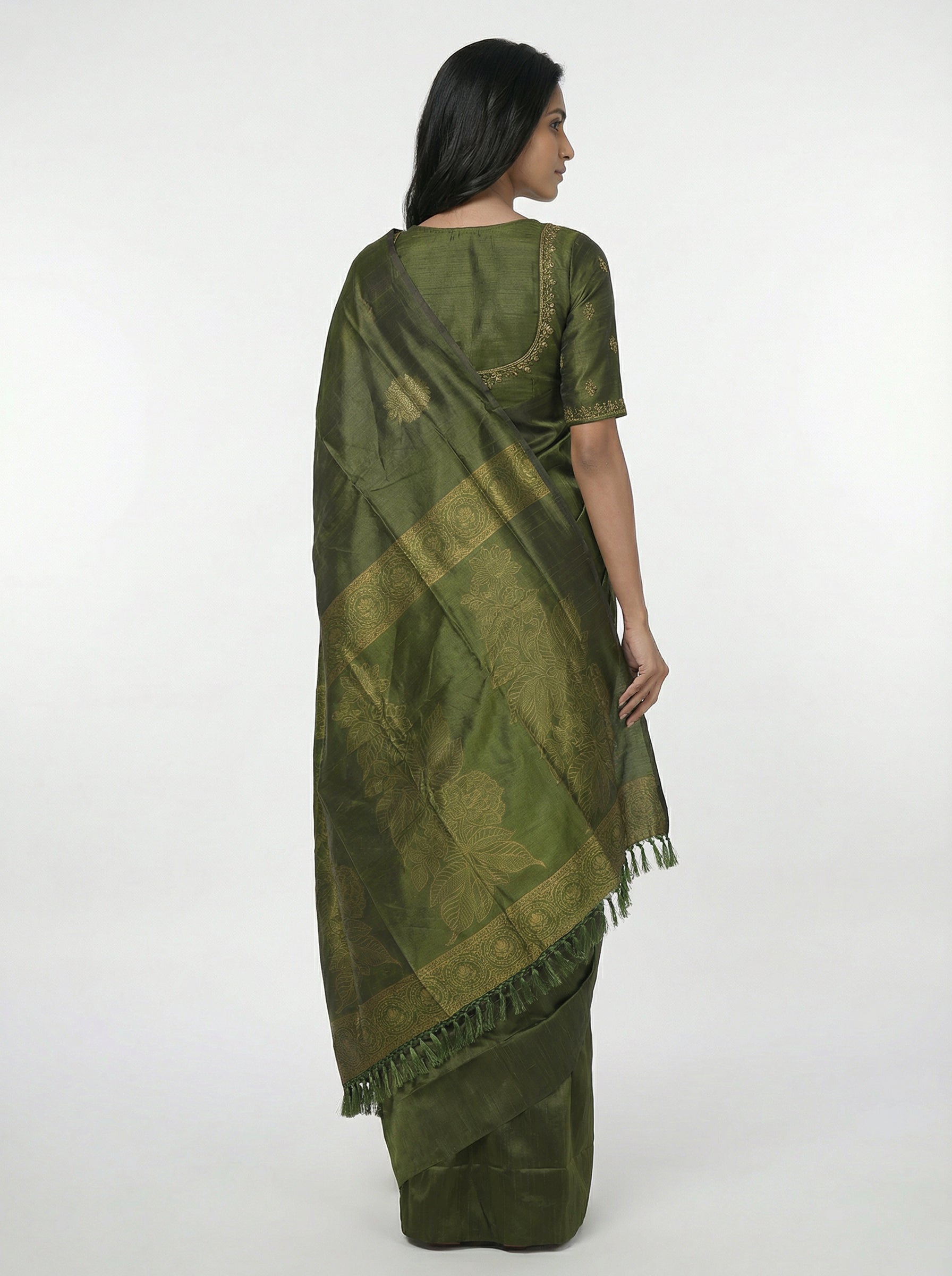 Semi Silk Moss Green  Saree with Gapped Butta Pattern