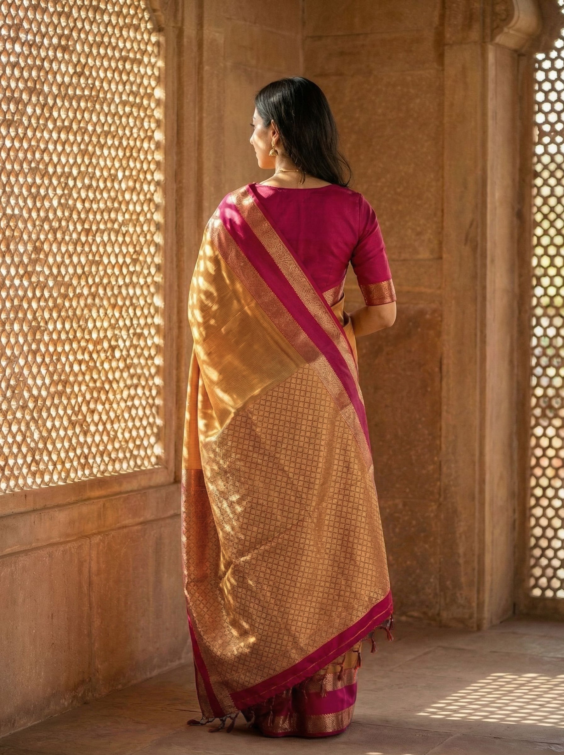 Semi Silk Designer Festive Wear Gold Saree with Intricate Woven Border