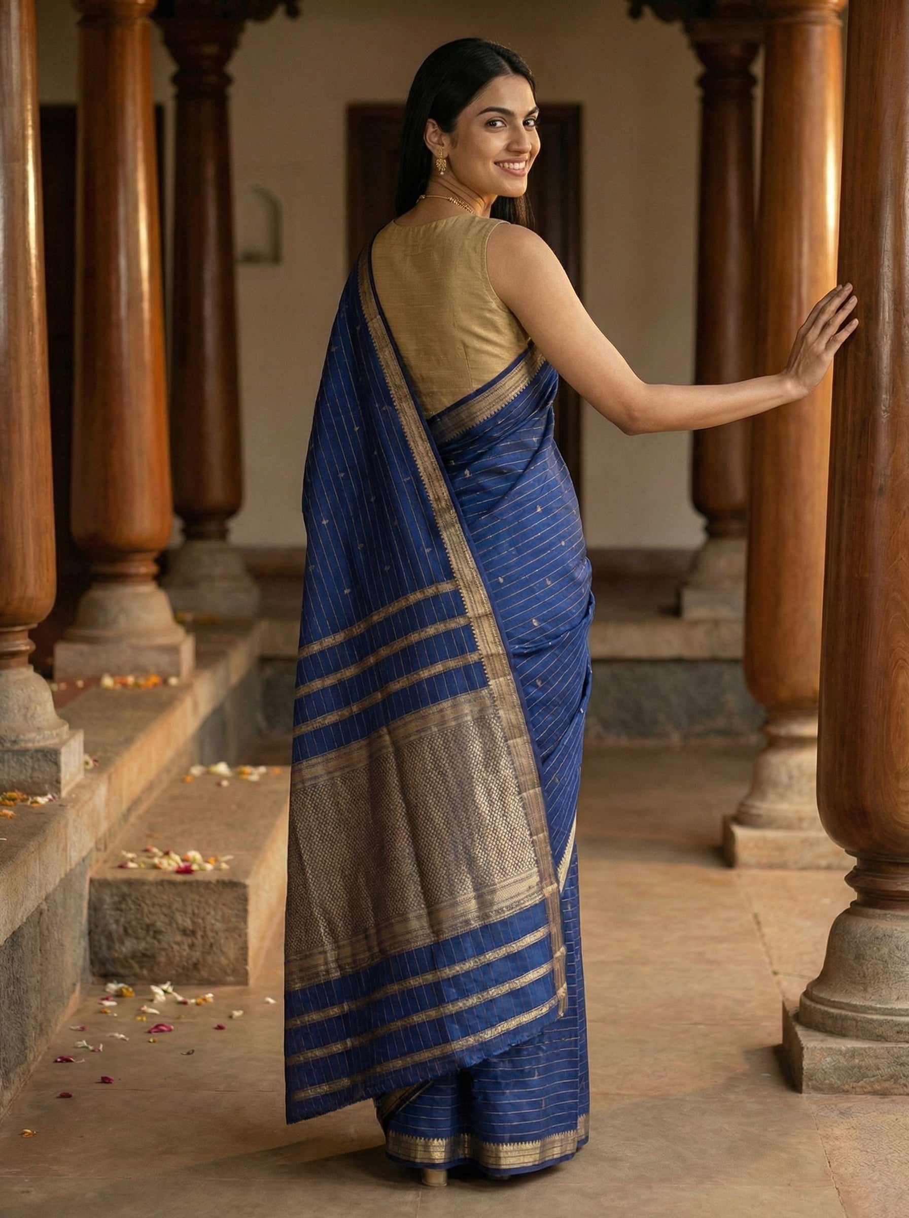 Kanjivaram silk Blue Stripe Gold Border Saree