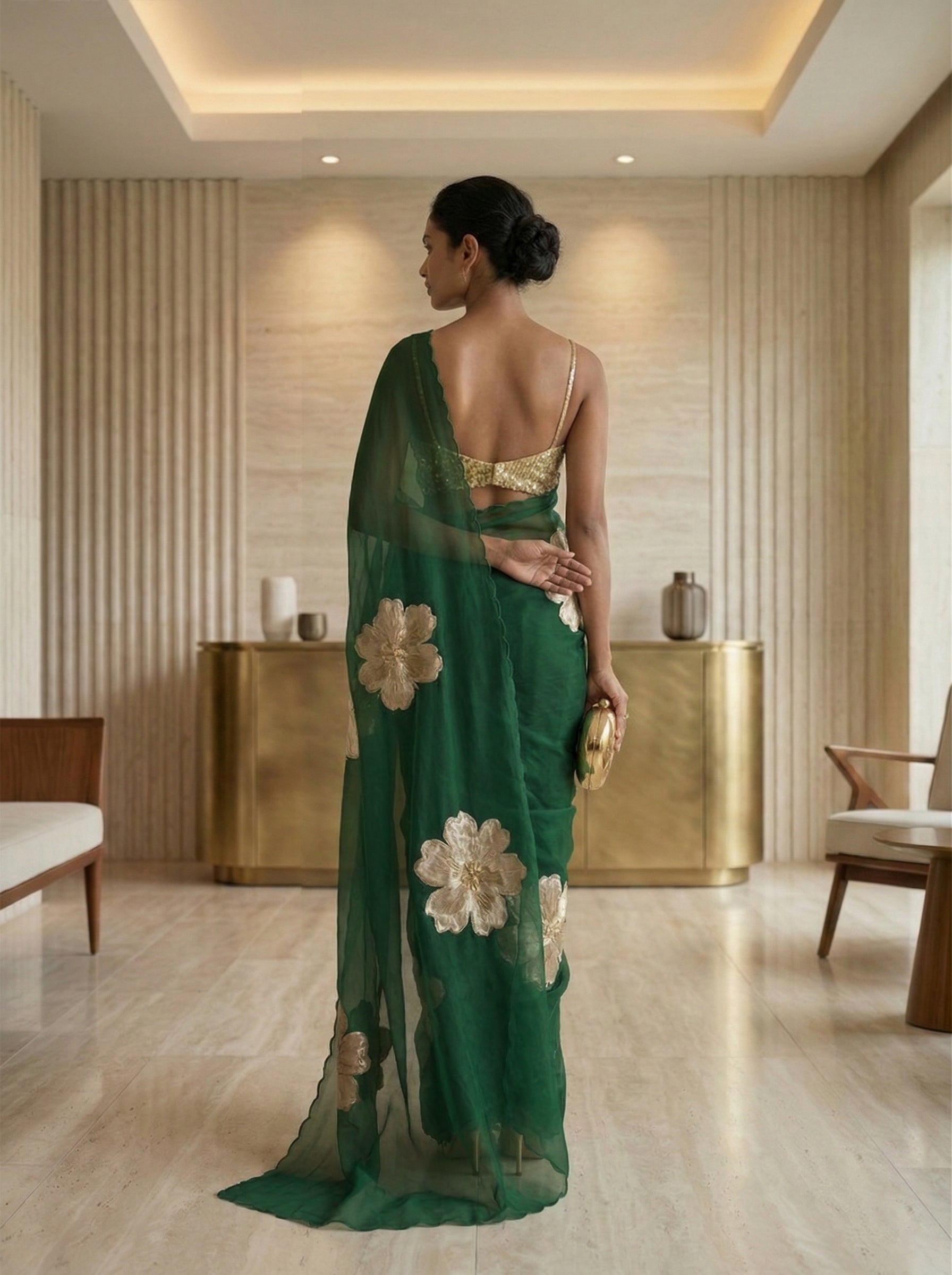 Organza Emerald Green Gold Floral Pattern Designer Saree