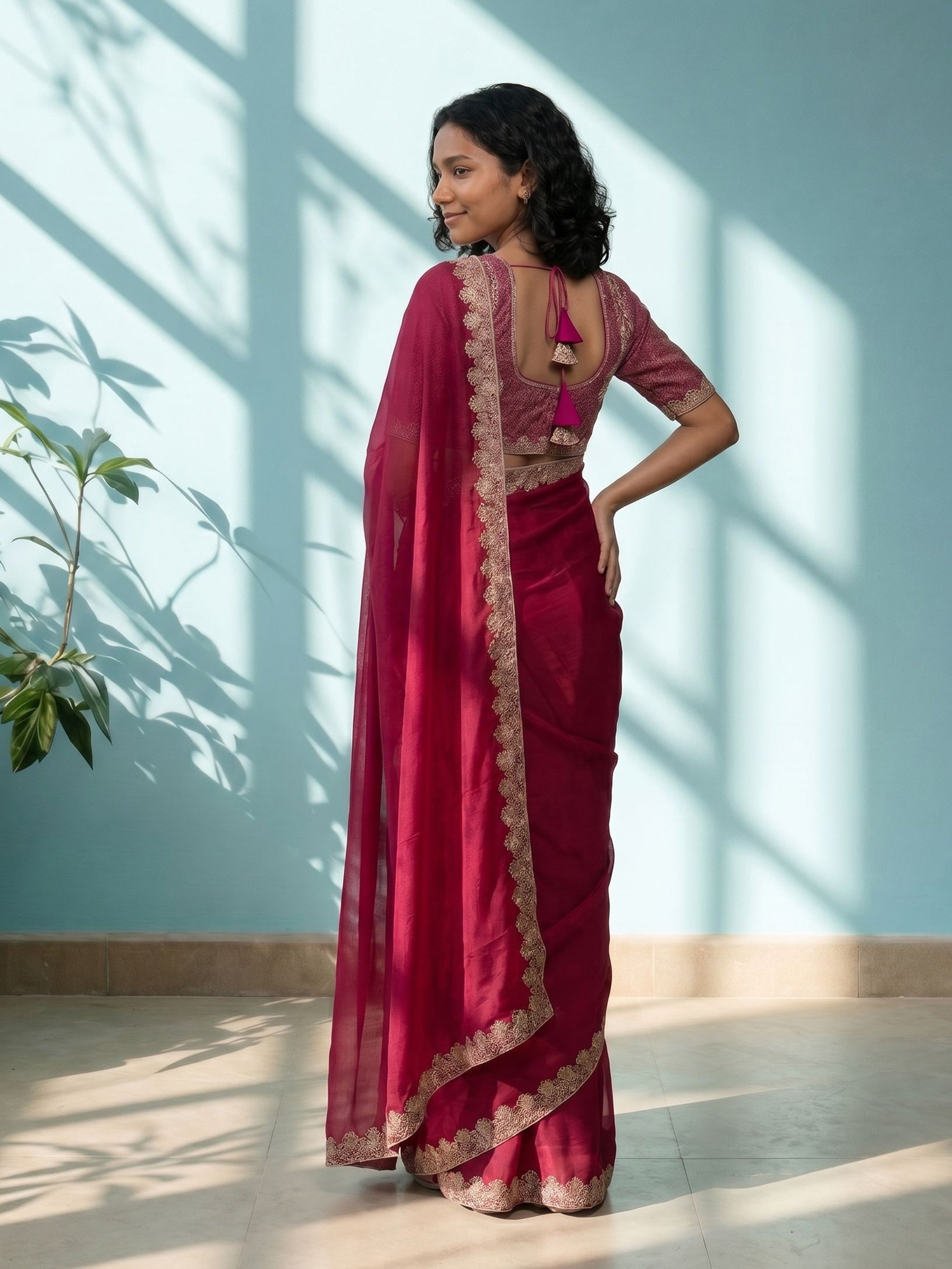 Vichitra Silk Wine Pink Embroidered Border Fancy Designer Saree