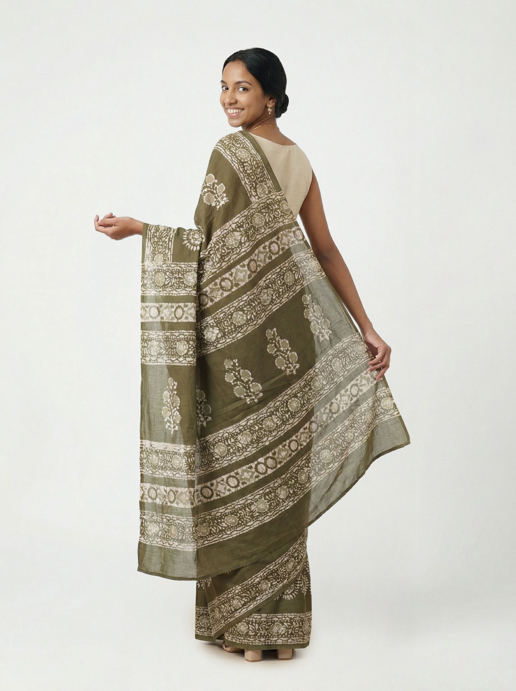 Chanderi Cotton Olive Green Floral Printed Saree