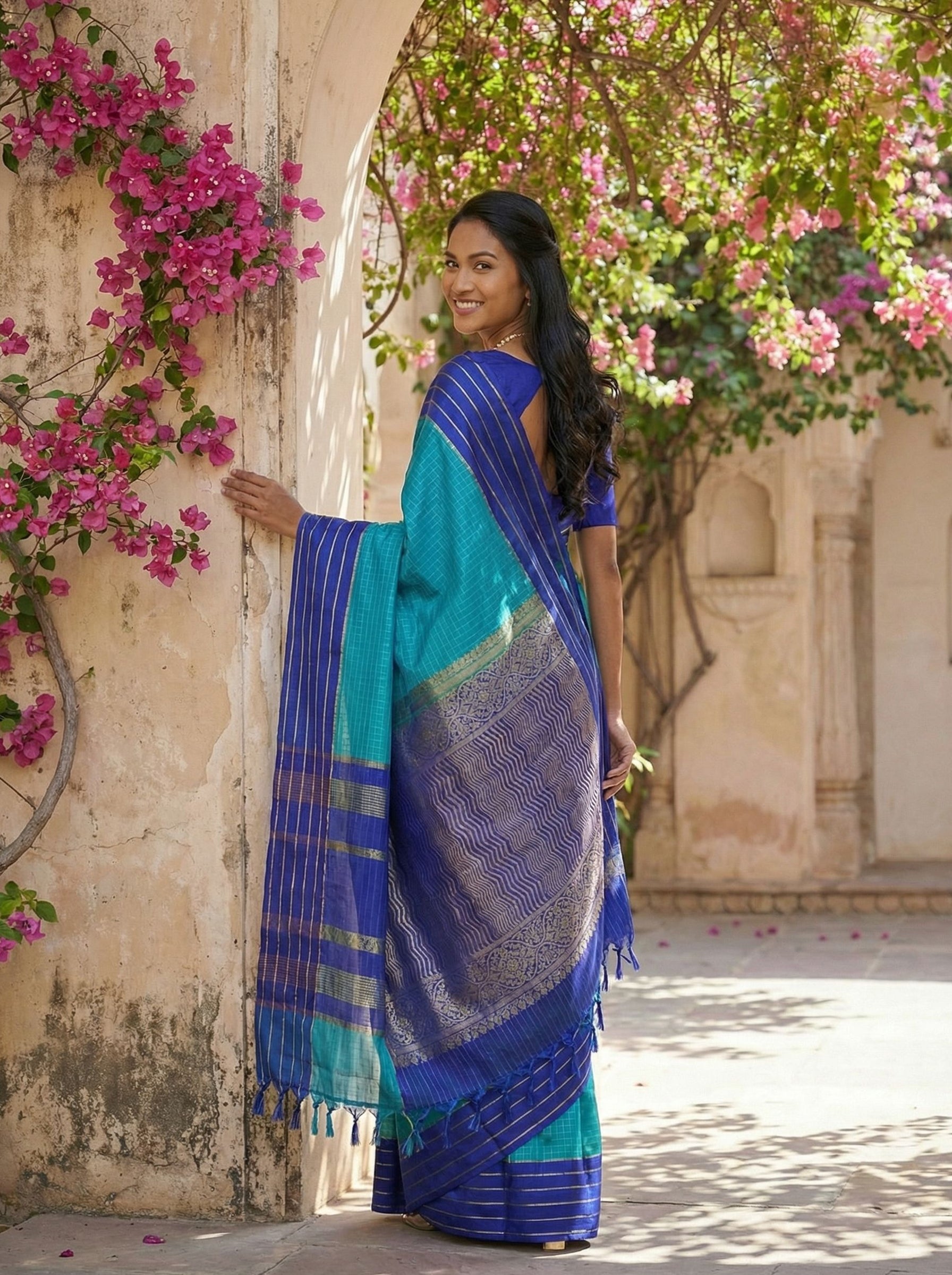 Kanjivaram Silk Peacock Blue Geometric Weave Saree