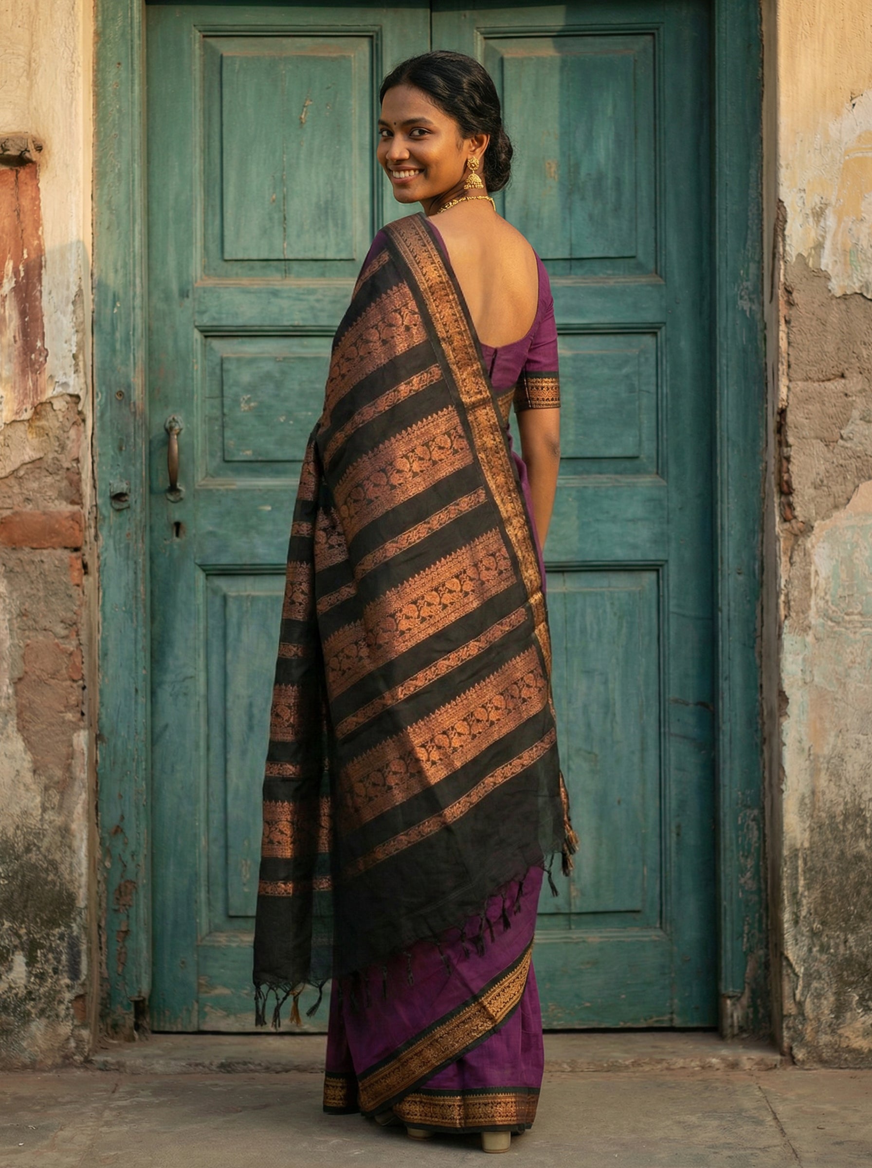 Synthetic Deep Purple Traditional Saree with Black Zari Pallu