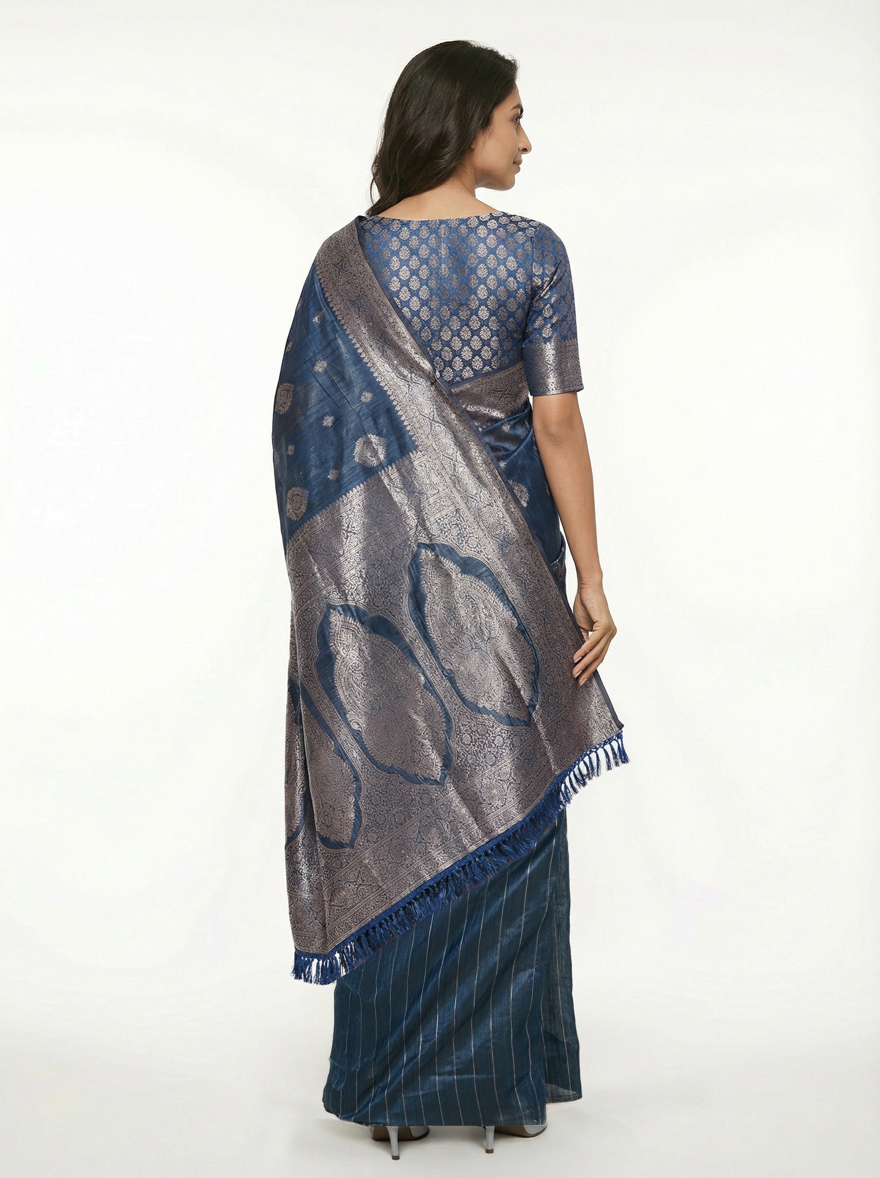 Semi Silk Traditional Peacock Blue Saree with Banarasi Border & Buttas
