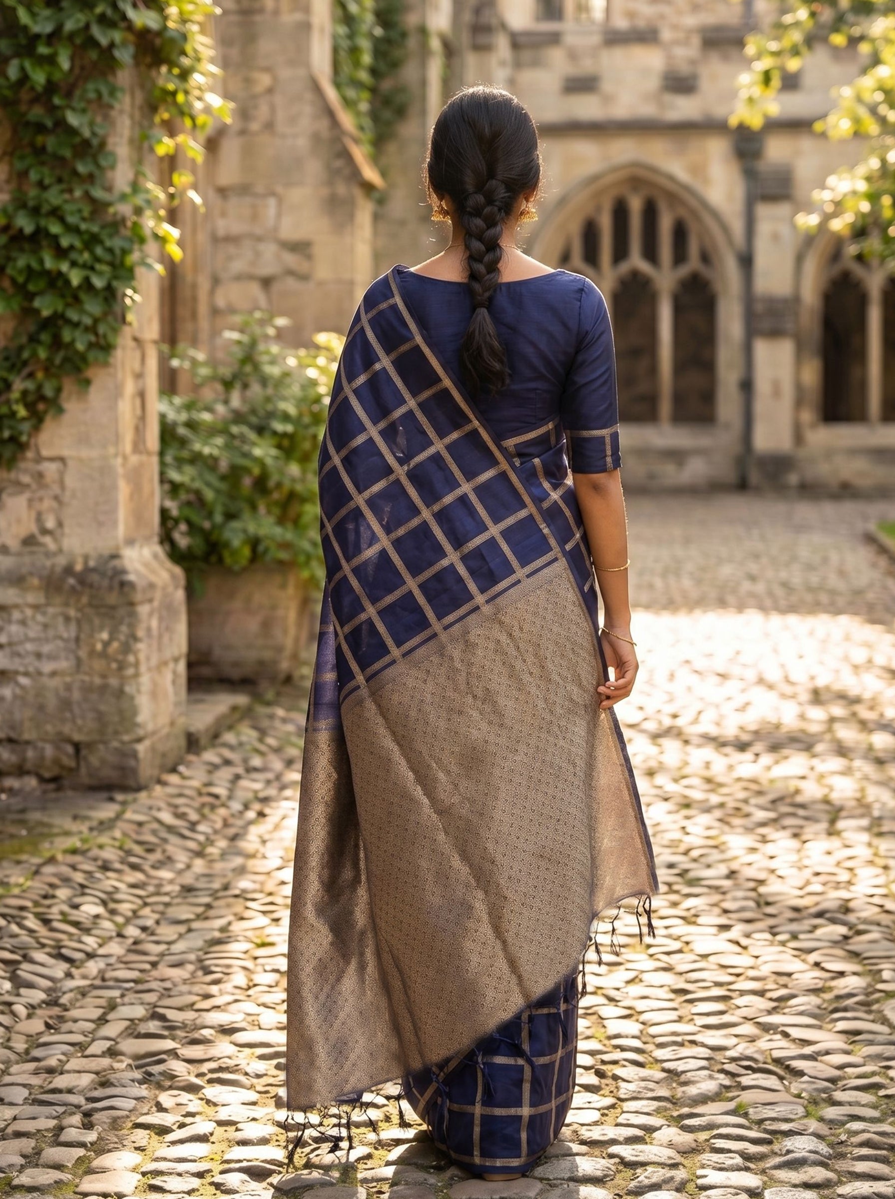 Semi Silk Navy Blue Checked Saree with Silver Zari
