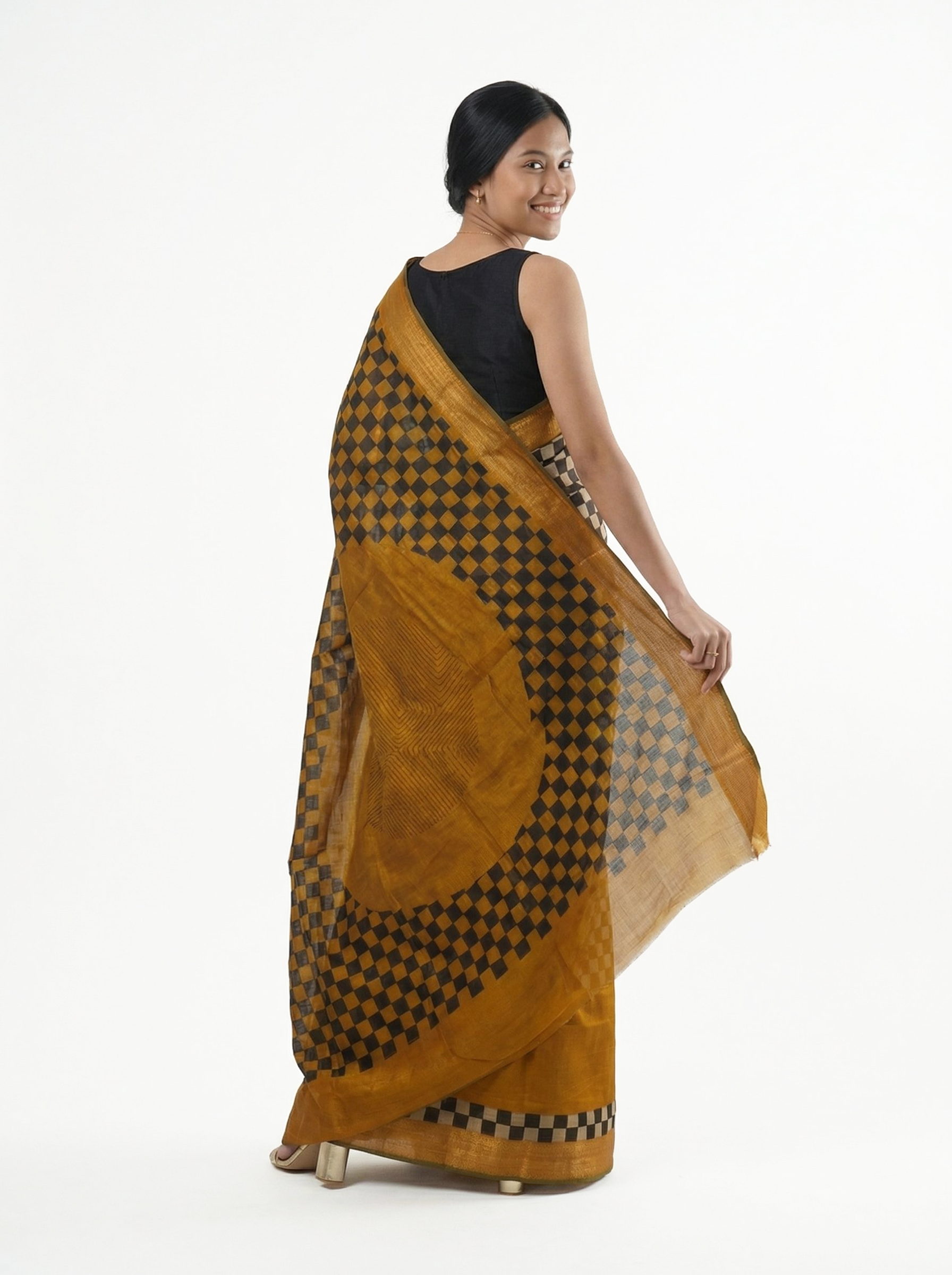 Chanderi Cotton Black Gold Checkered Designer Saree