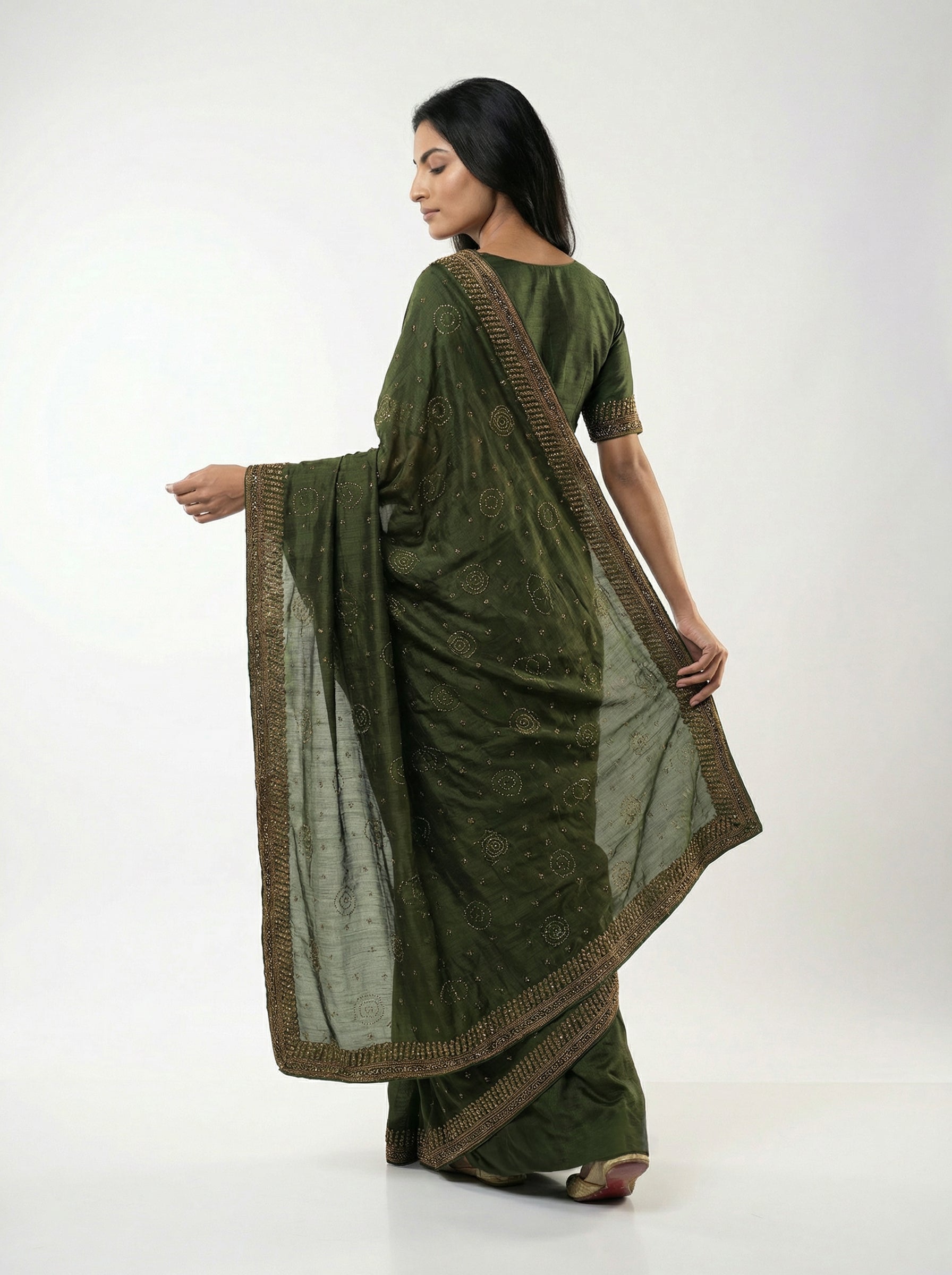Vijithra Silk Green Circle Pattern Stone Work Designer Saree